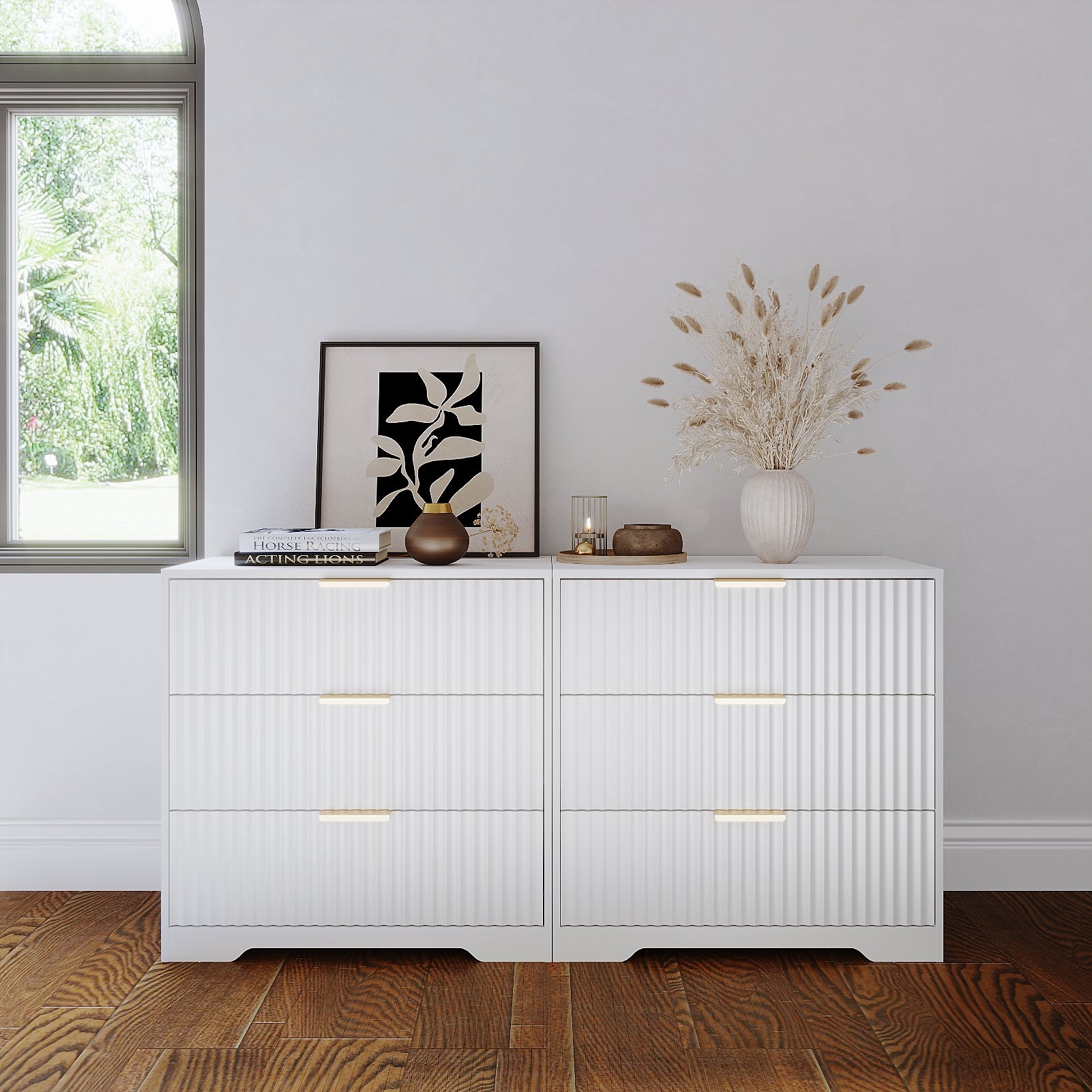 27 Inch Wide White Nightstand 3 Drawer Wood Bedside Table Storage Modern Fluted Accent Cabinet Large Bedroom Dresser End Table Home Furniture Unit