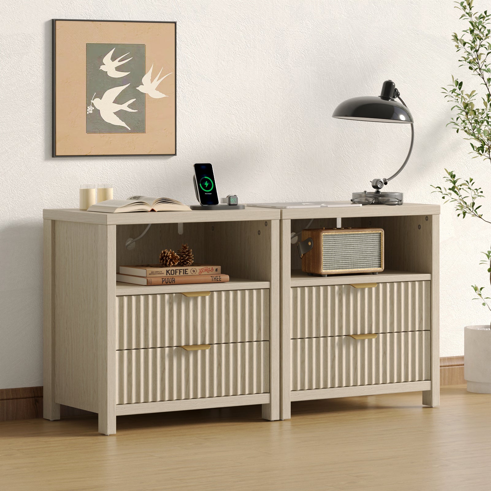 Modern Fluted Nightstand with Charging Station 19.7 Inch Wide Bedside Table 2 Drawers Open Shelf Wood Legs Metal Handle Bedroom Furniture Night Stand