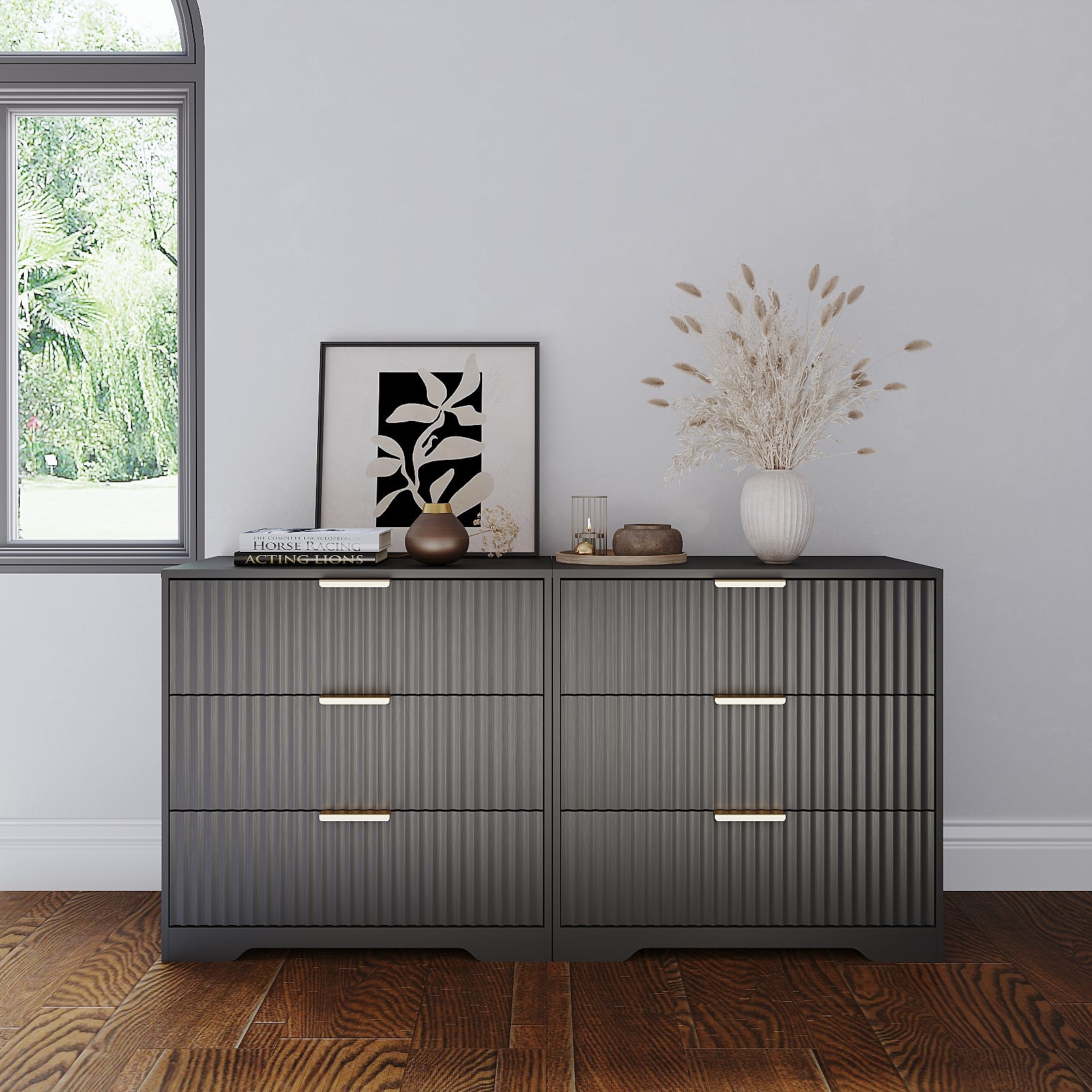 27" Wide Fluted Night Stand 3 Drawers Large End Table with Storage Black Nightstand Wood Bedside Tables Farmhouse Cabinet Dresser for Bedroom Closet