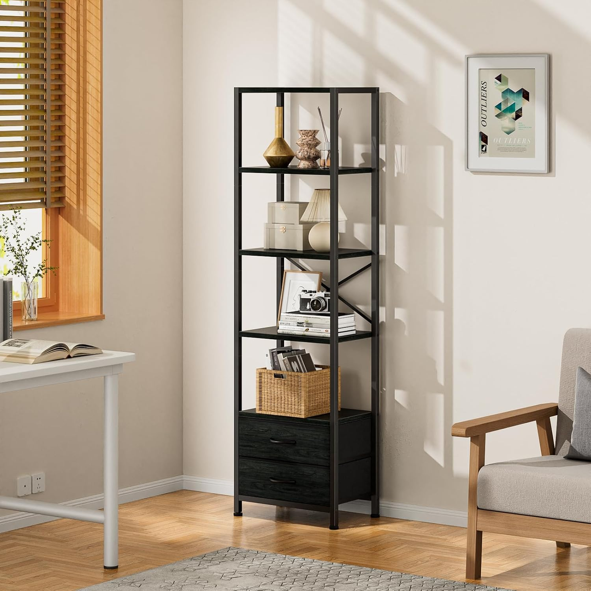 5-Tier Tall Corner Shelf, Narrow Bookshelf with Drawers