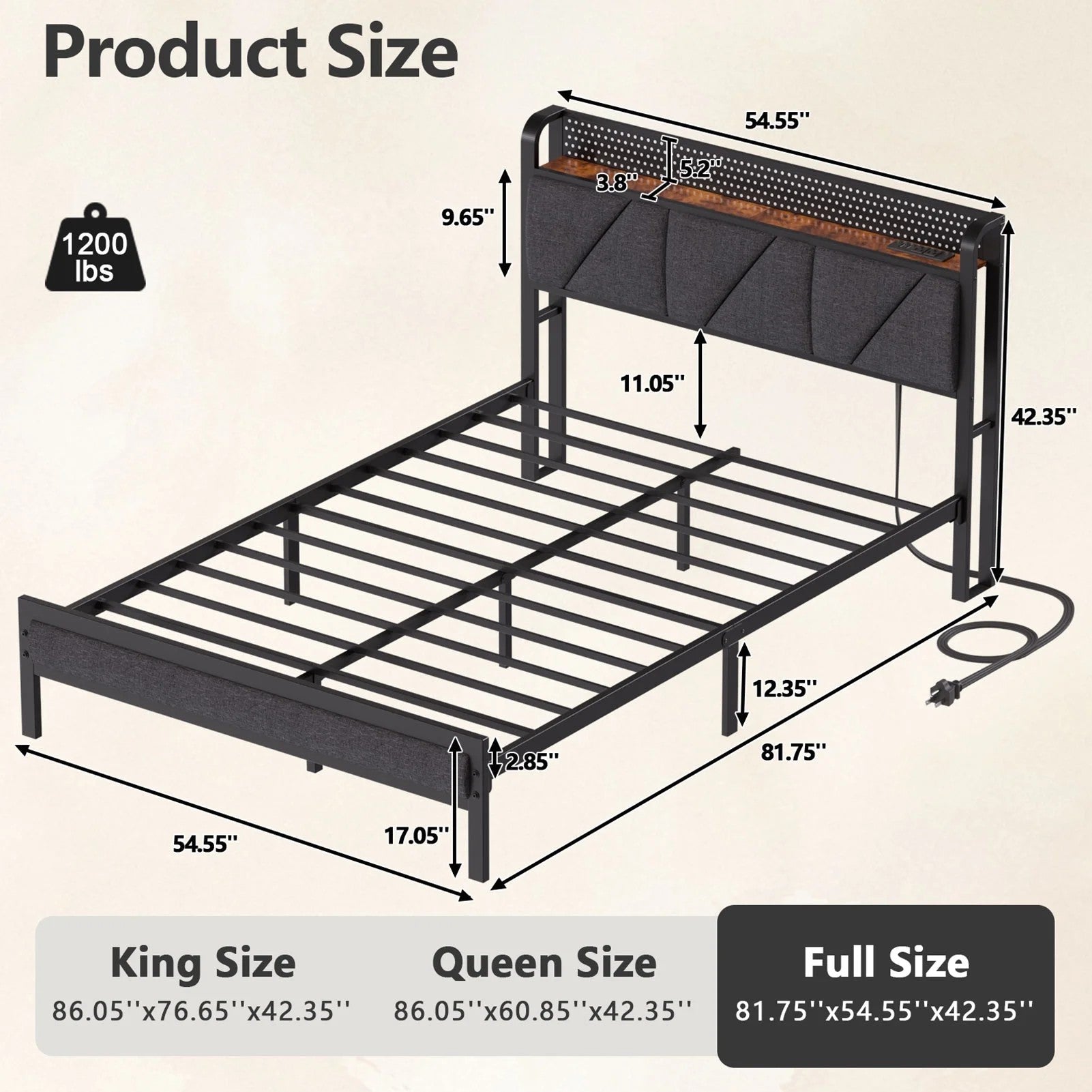 Full Bed Frame with Upholstered Storage Headboard, Metal Platform Bed Station with Charging Station & LED, Noise-Free. No Box Spring Needed