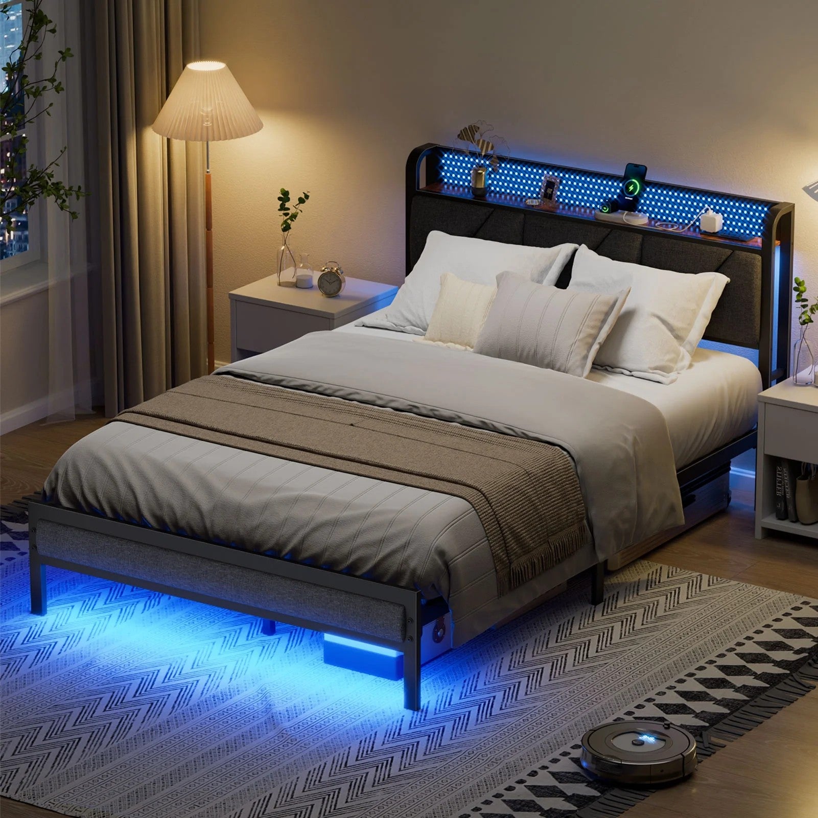 Full Bed Frame with Upholstered Storage Headboard, Metal Platform Bed Station with Charging Station & LED, Noise-Free. No Box Spring Needed