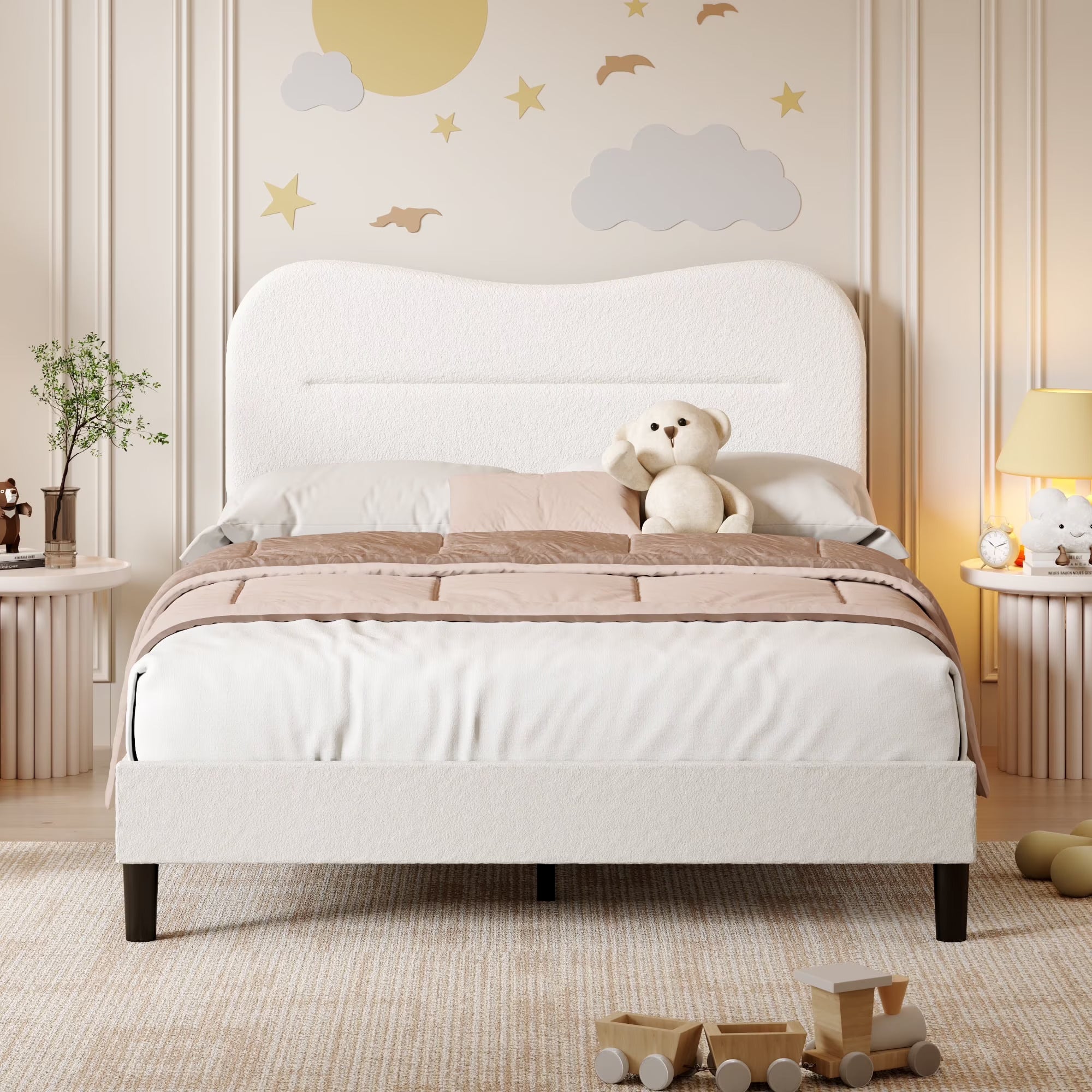 Bed Frame with Teddy Velvet Soft Curved Headboard, Platform Bed with Wooden Slats Support, Easy Assembly, Noise-Free, White