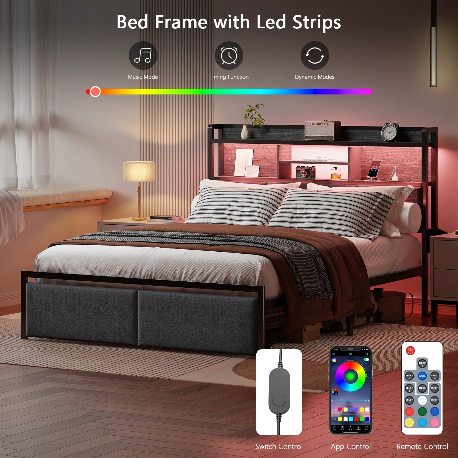 Bed Frames Bedroom Furniture Sets with Upholstered Storage Headboard & Outlets, LED Lights Standard Bed con Cajones, Niose Free