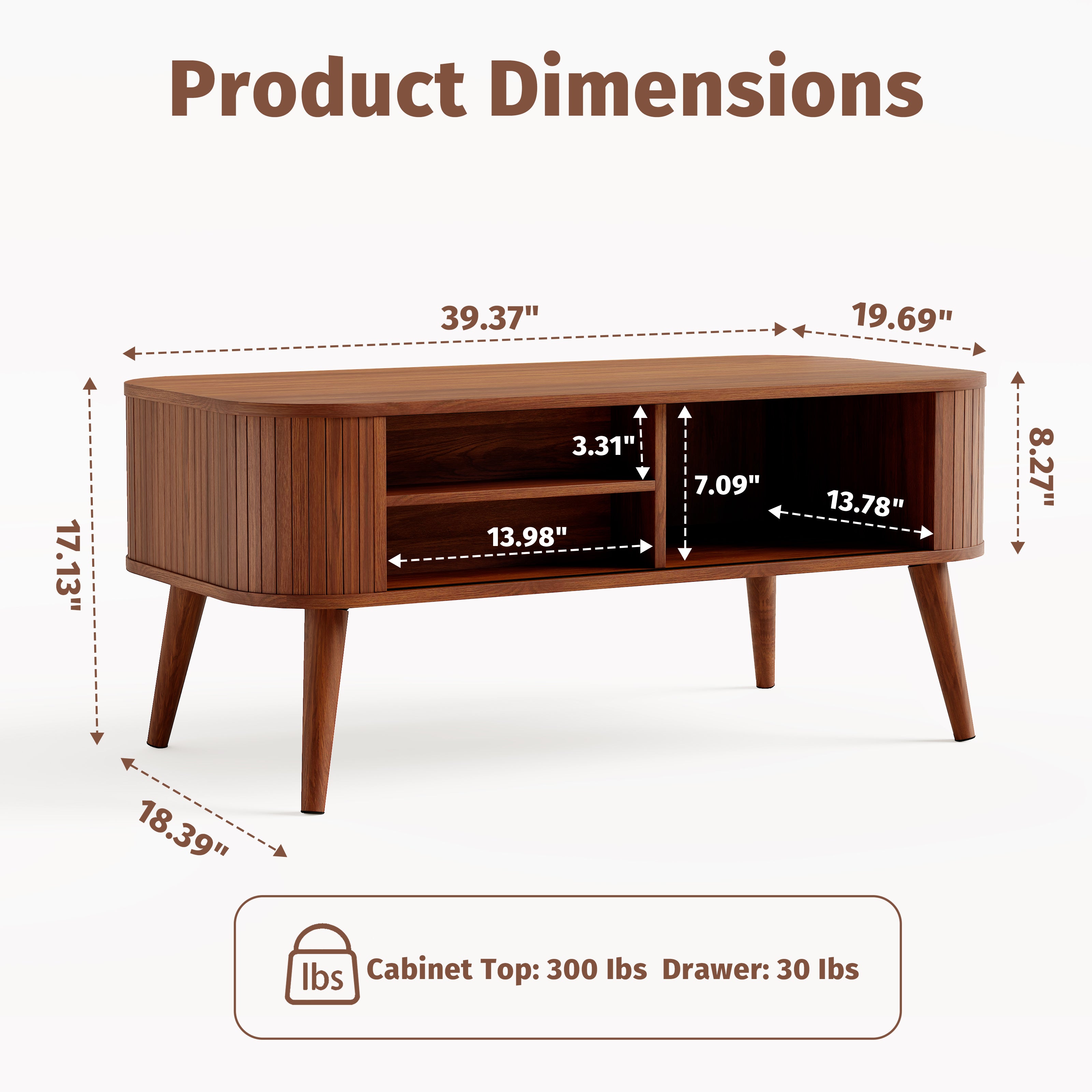 Qwatto Mid Century Modern Coffee Table with Storage Fluted Sliding Cabinet Door Farmhouse Wood Rectangular Center Table Living Room Walnut Finish