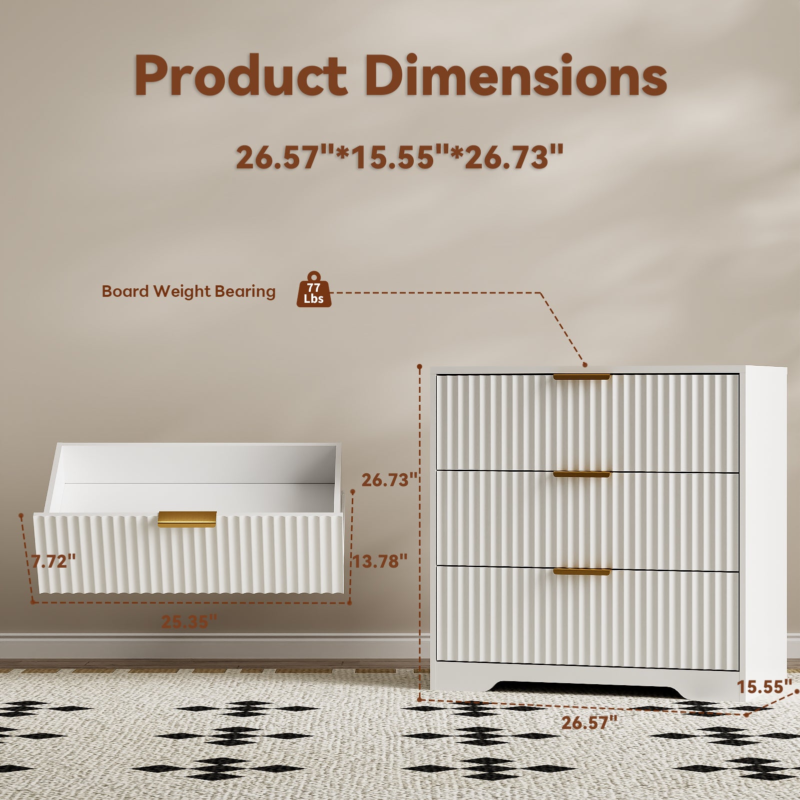 27-in Wide Fluted Night Stand 3 Drawers Large End Table with Storage White Nightstand Wood Bedside Tables Farmhouse Cabinet Dresser for Bedroom Closet