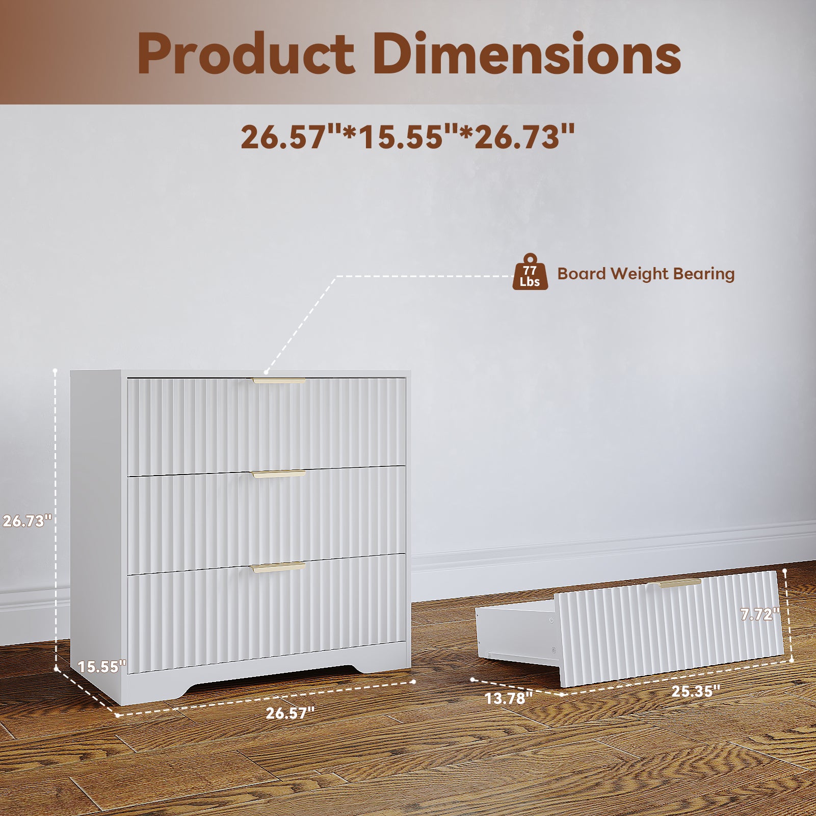 Large White Fluted Nightstand 3 Drawer Bedside Table Wood Modern Farmhouse Accent Cabinet Wide Storage Chest For Bedroom 27 Inch End Table Dresser