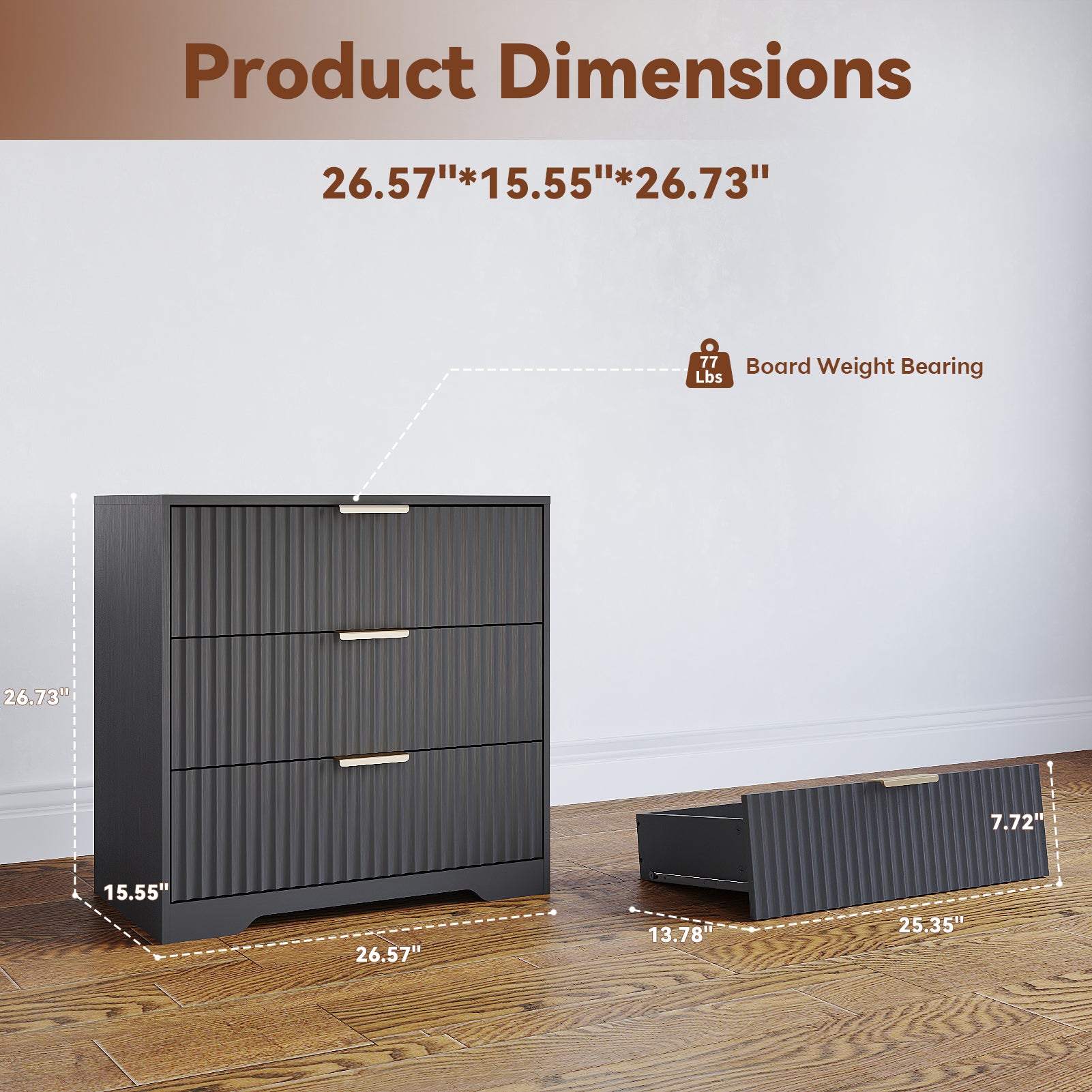 Modern Black Wood Nightstand 3 Drawer Fluted Bedside Table Wide Storage Cabinet Bedroom Furniture Accent Chest Large 27 Inch Dresser Organizer