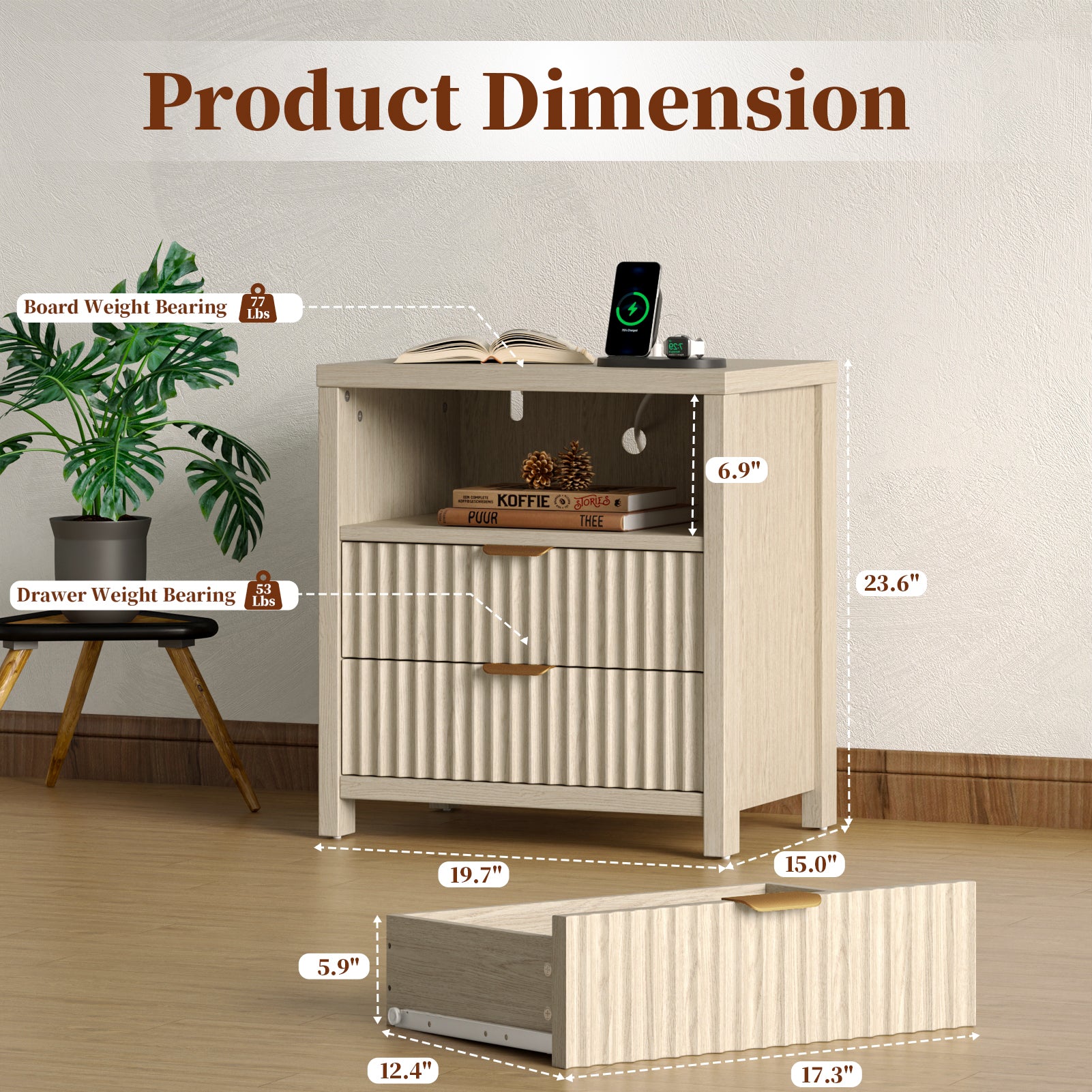 Modern Fluted Bedside Table with Charging Station 19.7 Inch Nightstand 2 Wood Slide Drawers Open Shelf Metal Handle Wood Legs Bedroom End Table Decor