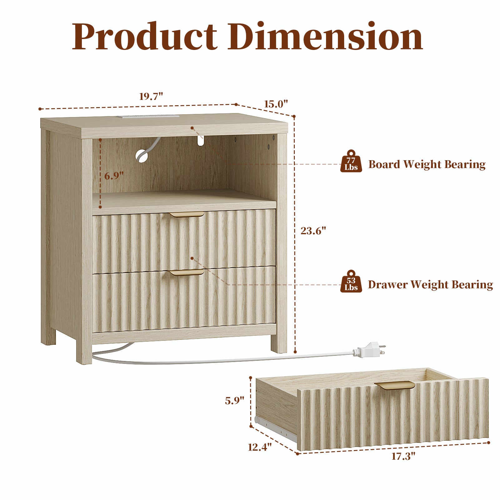 Nightstand with Charging Station Accent Night Stand with 2 Drawers and Storage Shelf Slide Drawer Bedside Table for Bedroom Natural Oak Thick Wood