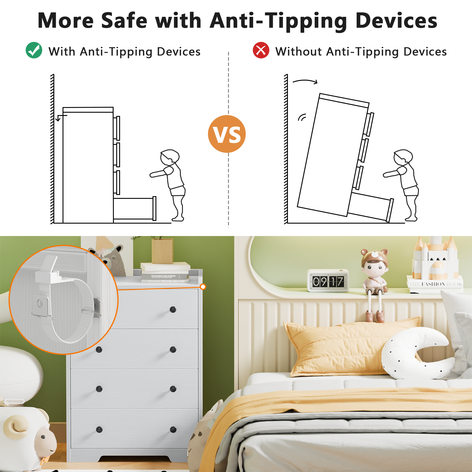 Furnulem 4-Drawer Dresser for Bedroom - White Wood Chest of Drawers Closet Storage Cabinet Organizer for Bedroom