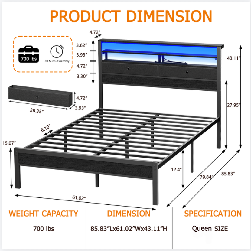 Furnulem Bed Frames with Charging Station and LED Lights, Wood Headboard with 2 Fabric Drawers and Storage Shelves