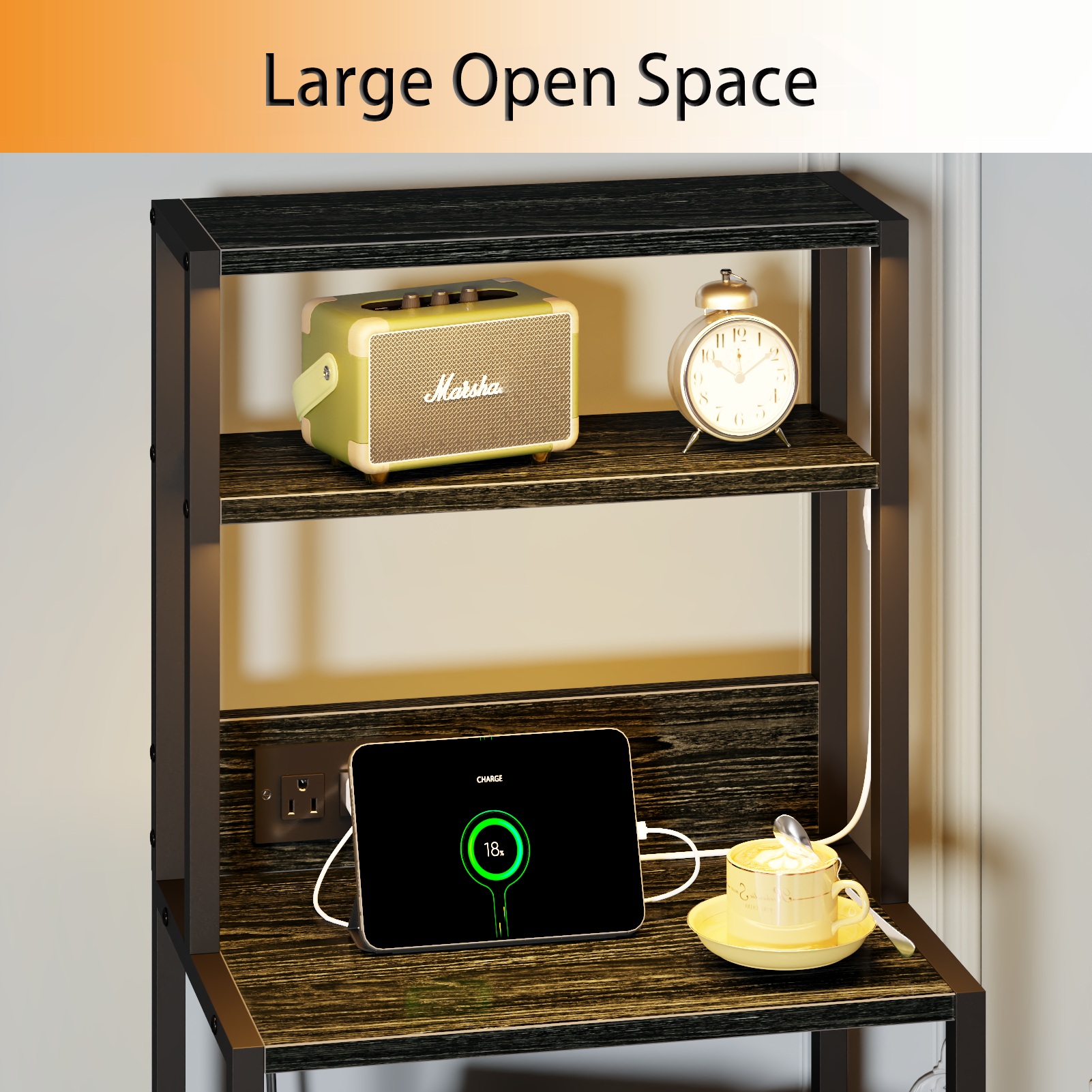 Furnulem Night Stand, Tall Nightstand with 4-Tier Shelves, 2 Fabric Drawers and Light Tube, Bed Side Tables with Charging Station, Bedside Table for Bedroom, Office, Rustic Brown