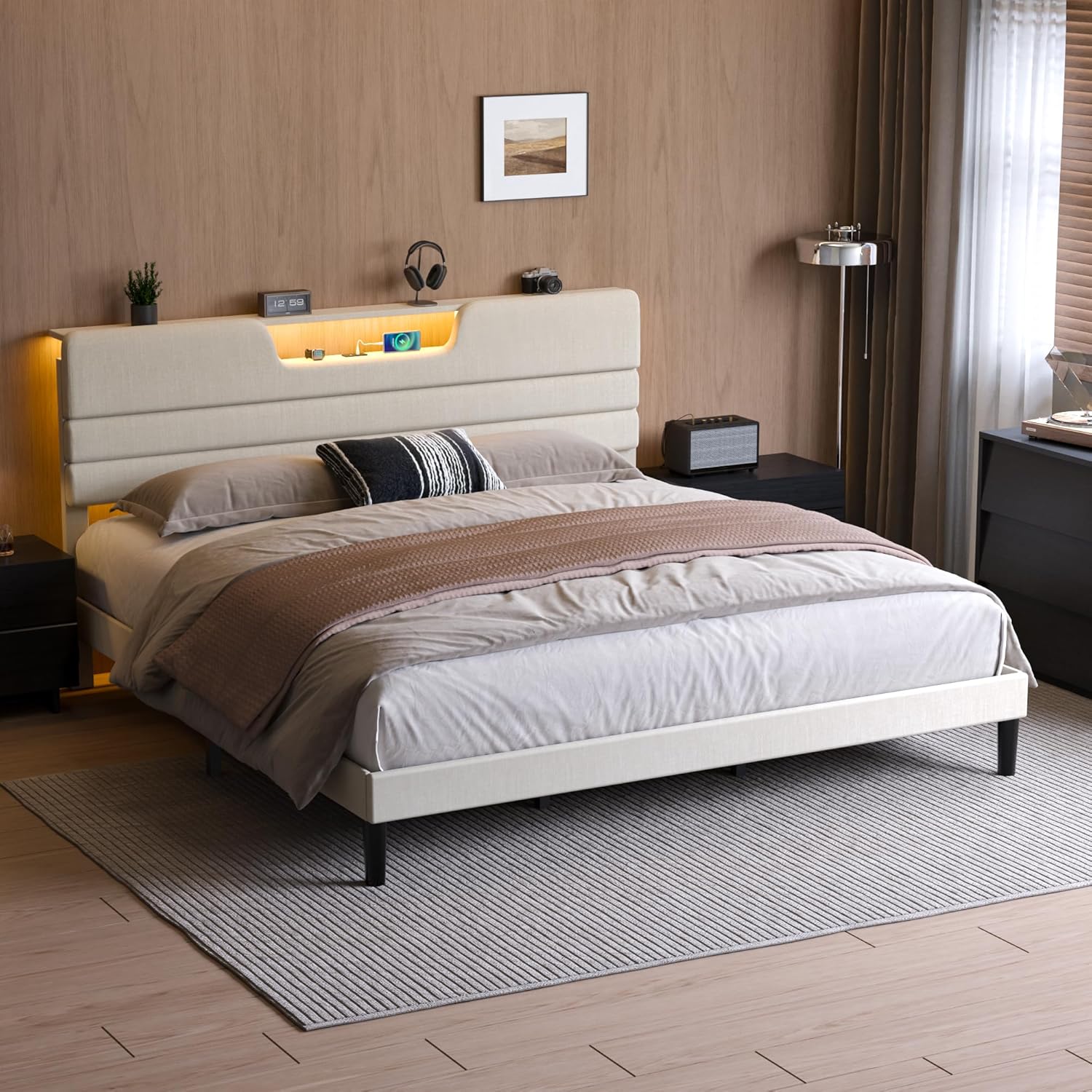 Beige Fine Linen Fabric Bed Frame with Upholstered Headboard & Charge Station, Queen Size Bed Frame with LED Lights, No Box Spring Needed
