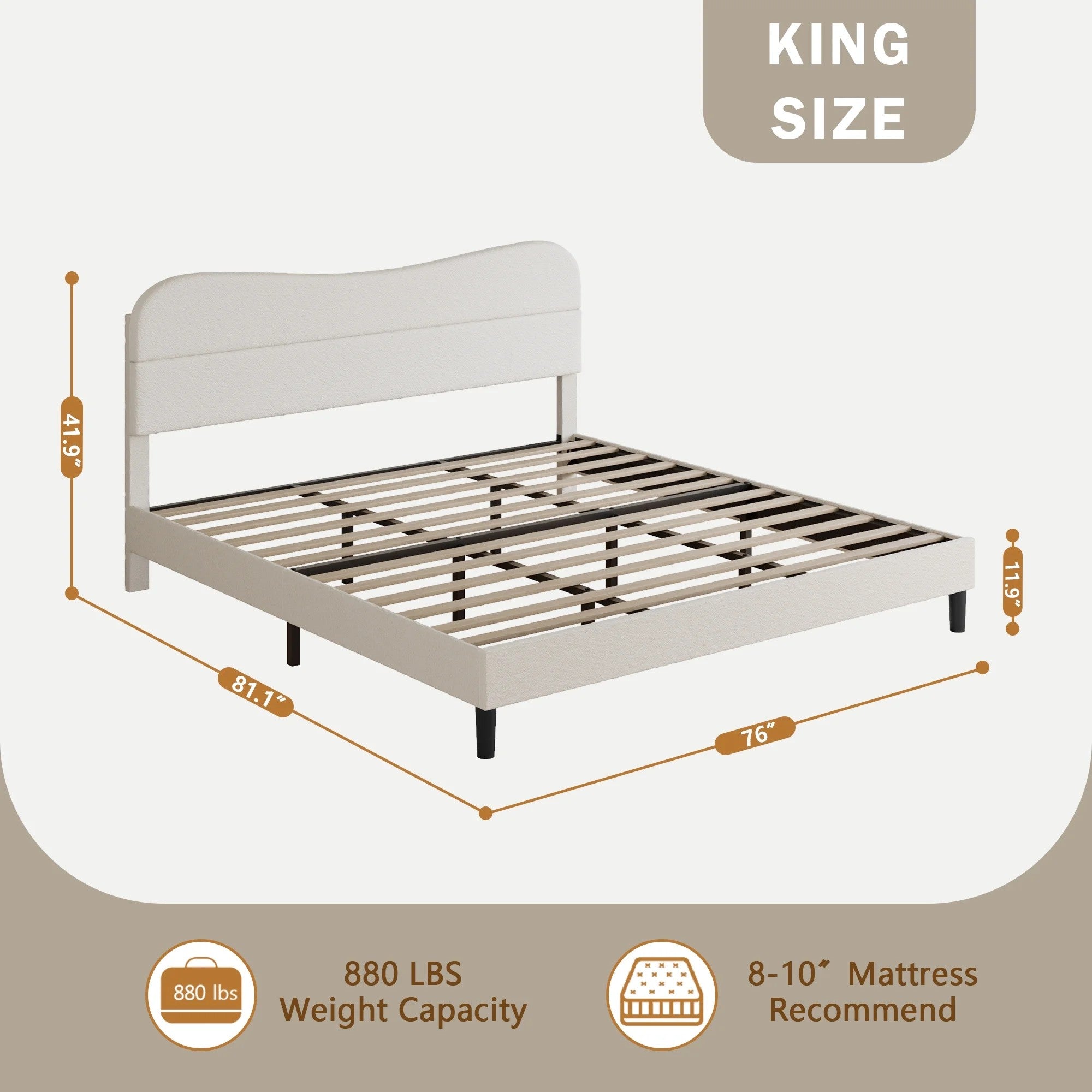 Bed Frame with Teddy Velvet Soft Curved Headboard, Platform Bed with Wooden Slats Support, Easy Assembly, Noise-Free, White