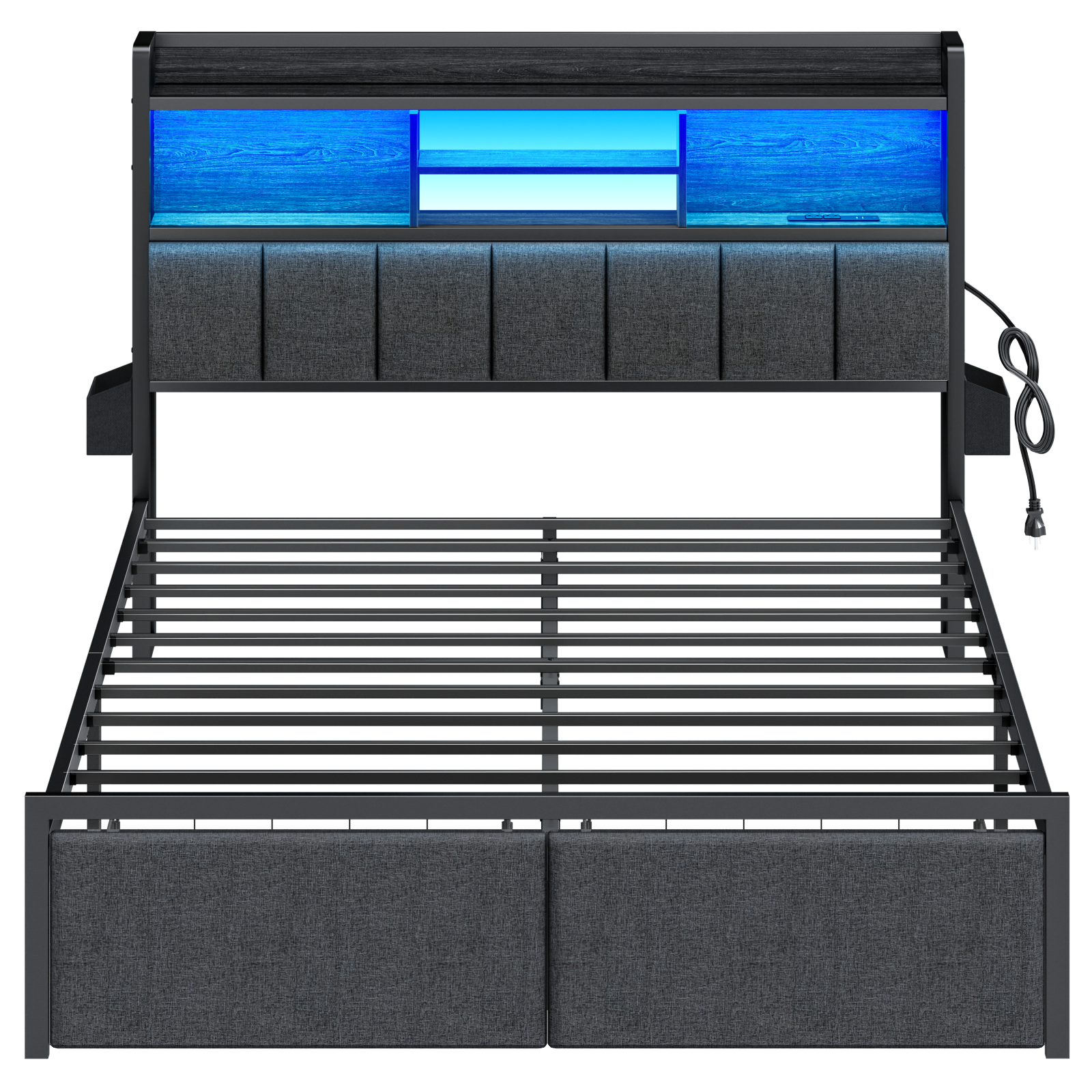 Furnulem LED Bed Frame with Upholstered Headboard and 2 Drawers