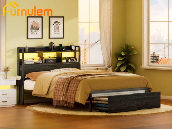 Furnulem LED Bed Frame with Wood Headboard and 2 Drawers