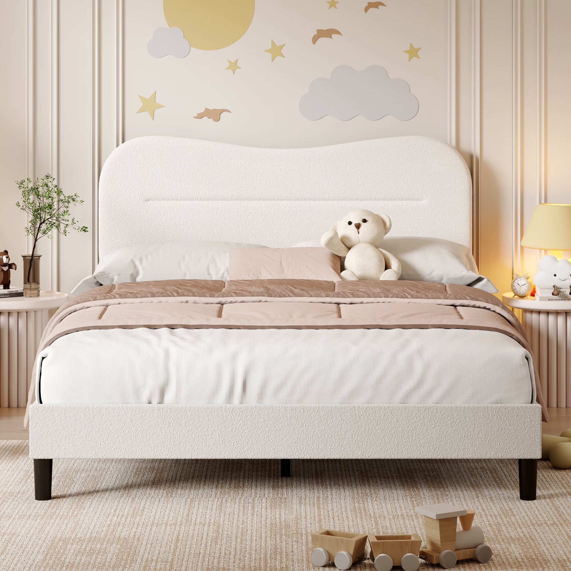 Bed Frame with Teddy Velvet Soft Curved Headboard, Platform Bed with Wooden Slats Support, Easy Assembly, Noise-Free, White