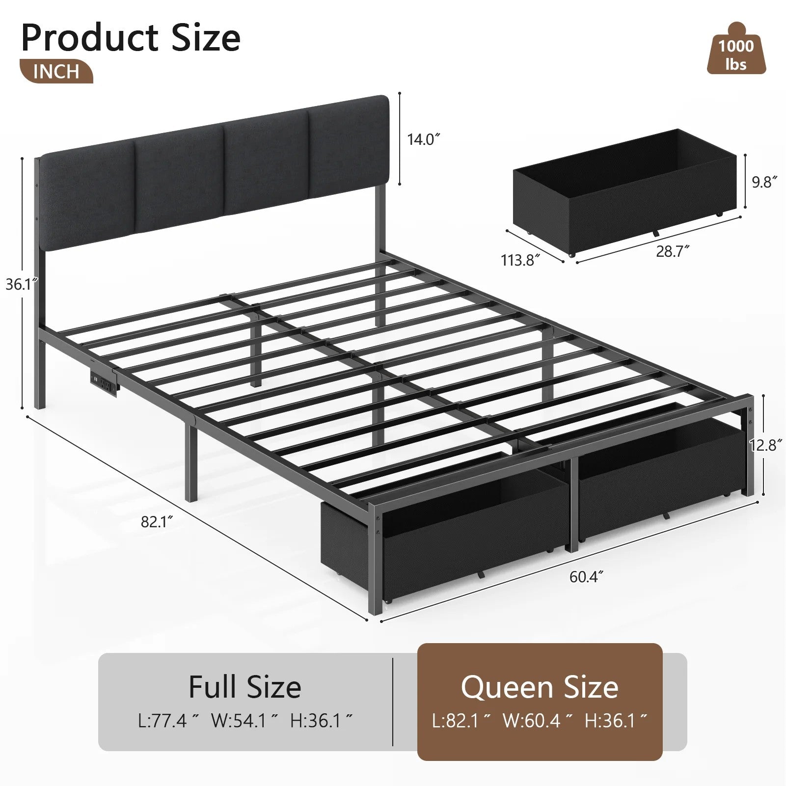 Bed Frame with 2 Drawers & 2 USB Ports and Outlets, No Box Spring Needed