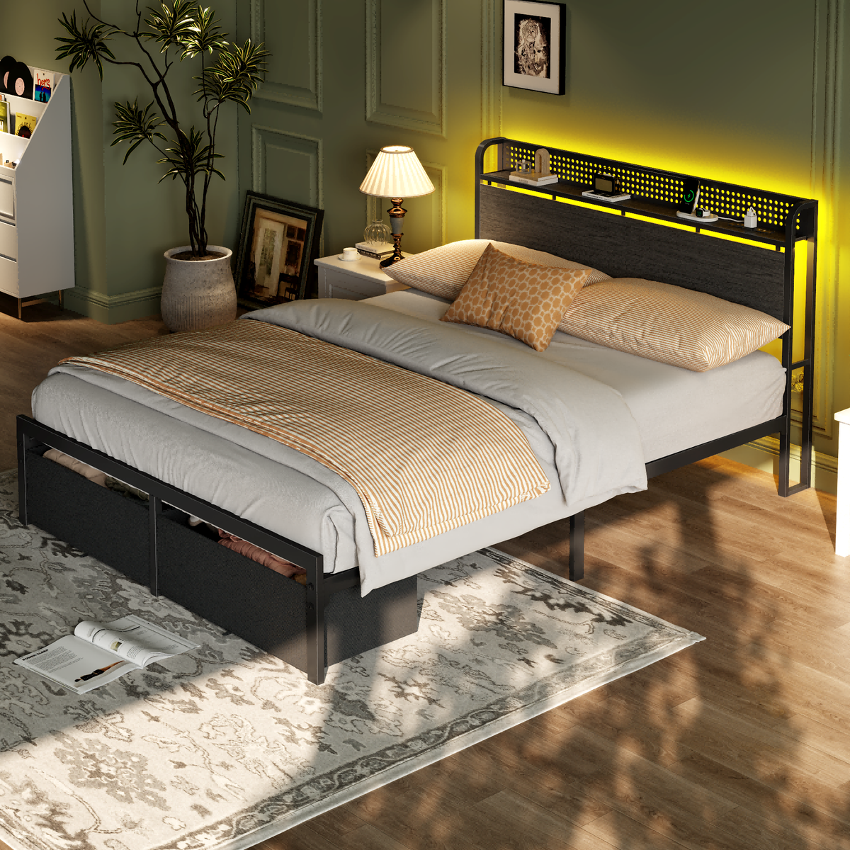 Bed Frame with 2 Storage Drawers Bookcase Headboard Charging Station