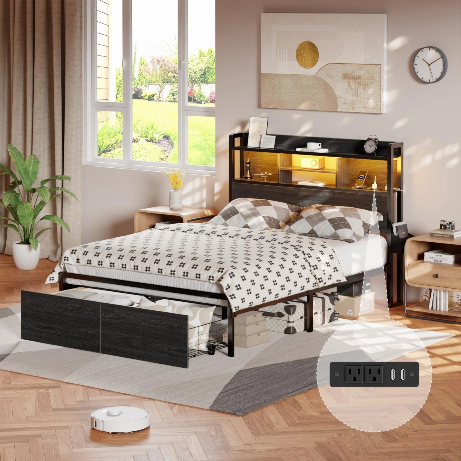 Furnulem Bed Frame with Wood Headboard and Storage Shelf, Metal Platform Bed Frame, LED Lights and Charging Station, No Box Spring Needed, Noise Free, Black