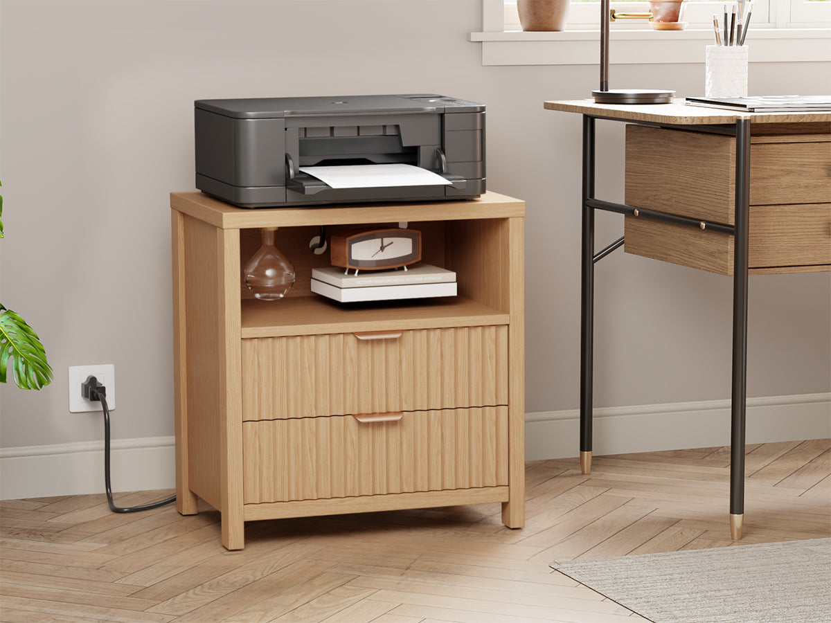Qwatto Modern Fluted Bedside Table with Charging Station 19.7 Inch Nightstand 2 Wood Slide Drawers Open Shelf Metal Handle Wood Legs Bedroom End Table
