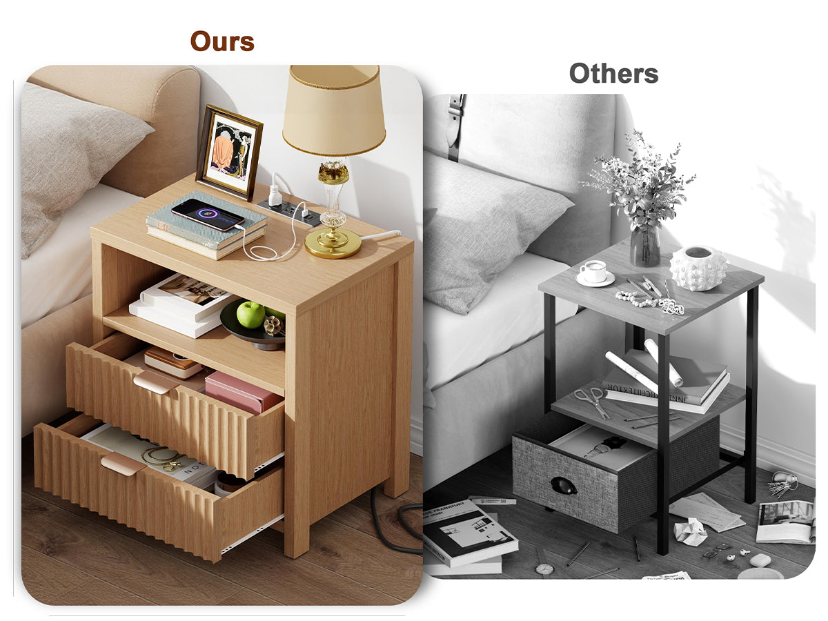 Qwatto Modern Fluted Bedside Table with Charging Station 19.7 Inch Nightstand 2 Wood Slide Drawers Open Shelf Metal Handle Wood Legs Bedroom End Table