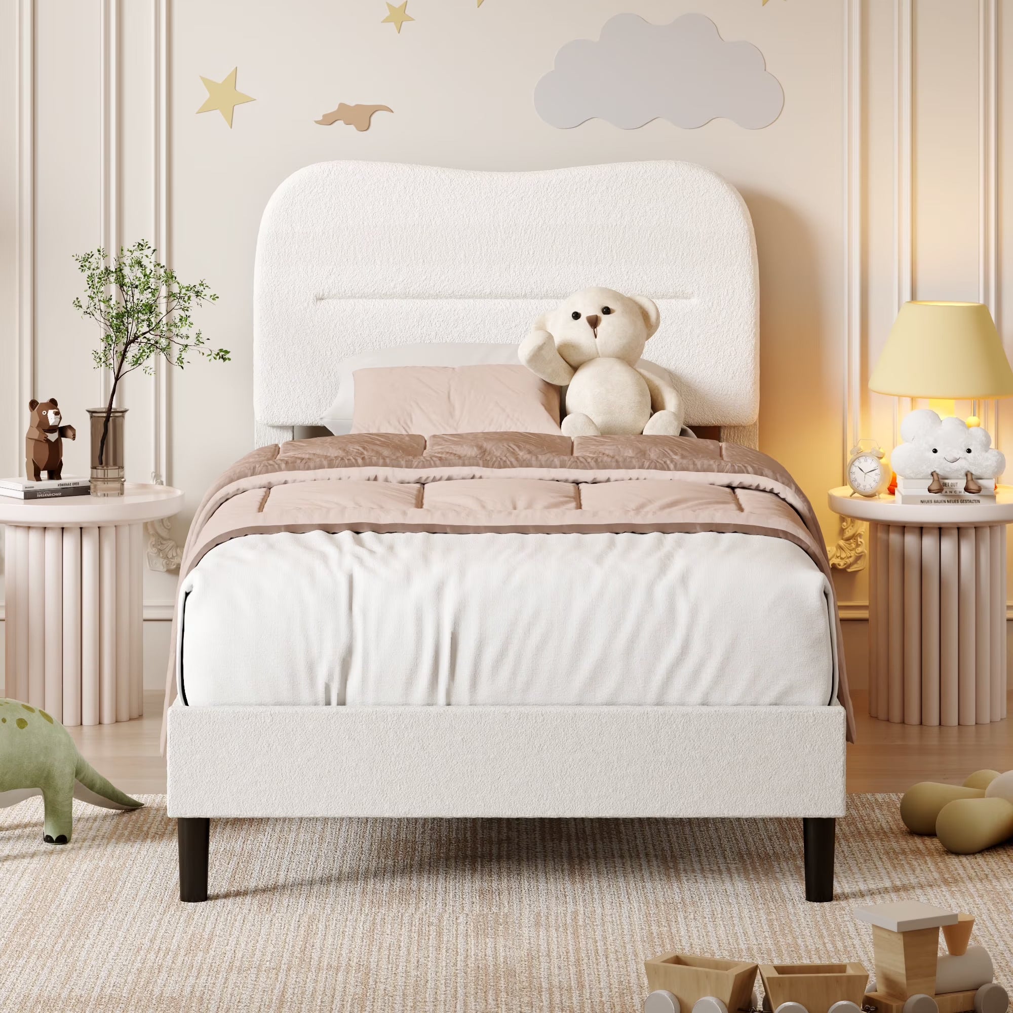 Bed Frame with Teddy Velvet Soft Curved Headboard, Platform Bed with Wooden Slats Support, Easy Assembly, Noise-Free, White