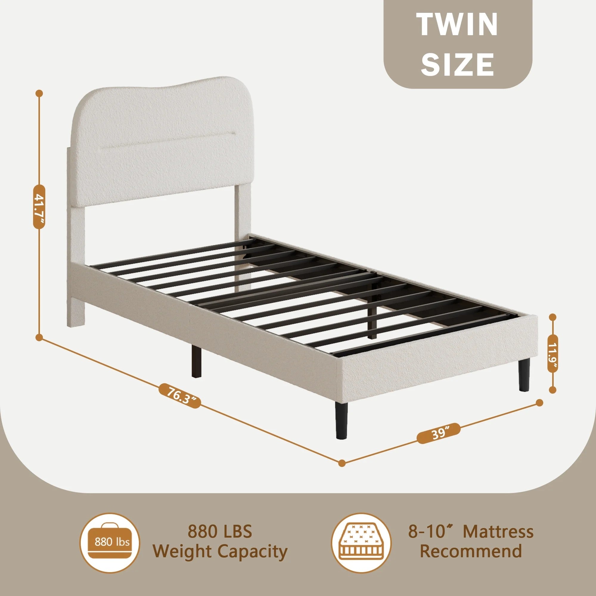 Bed Frame with Teddy Velvet Soft Curved Headboard, Platform Bed with Wooden Slats Support, Easy Assembly, Noise-Free, White
