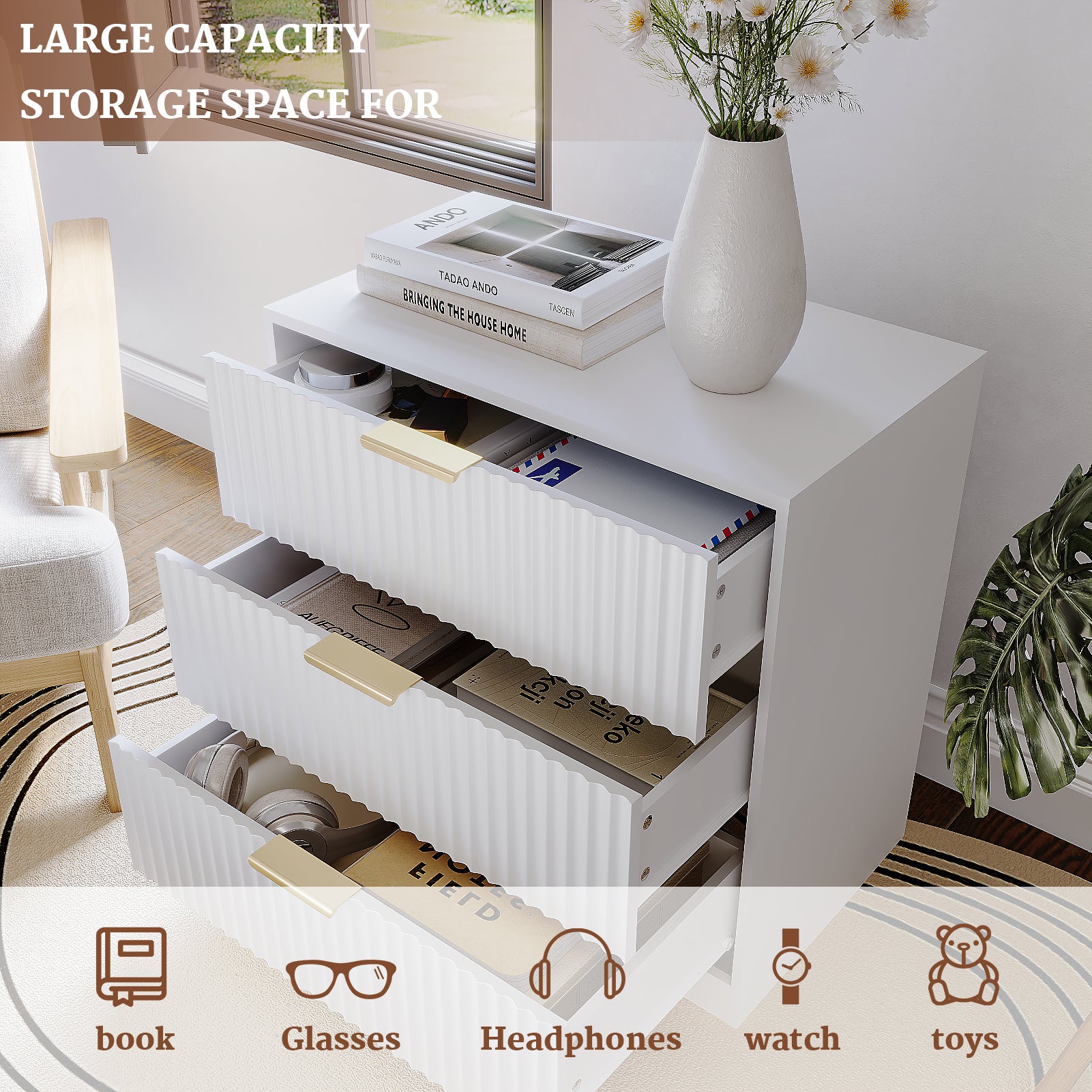 27-in Wide Fluted Night Stand 3 Drawers Large End Table with Storage White Nightstand Wood Bedside Tables Farmhouse Cabinet Dresser for Bedroom Closet