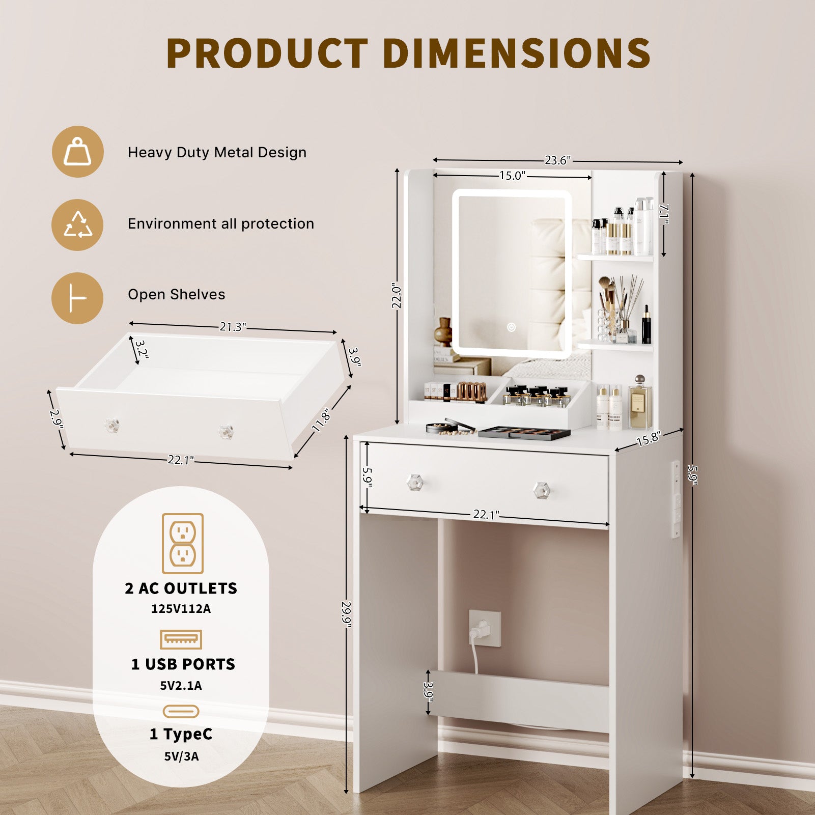 White Vanity Desk with LED Lighted Mirror and Built-in Power Outlet 24 Inch Small Makeup Dressing Table with 2 Drawers and 3 Shelves for Girls Room