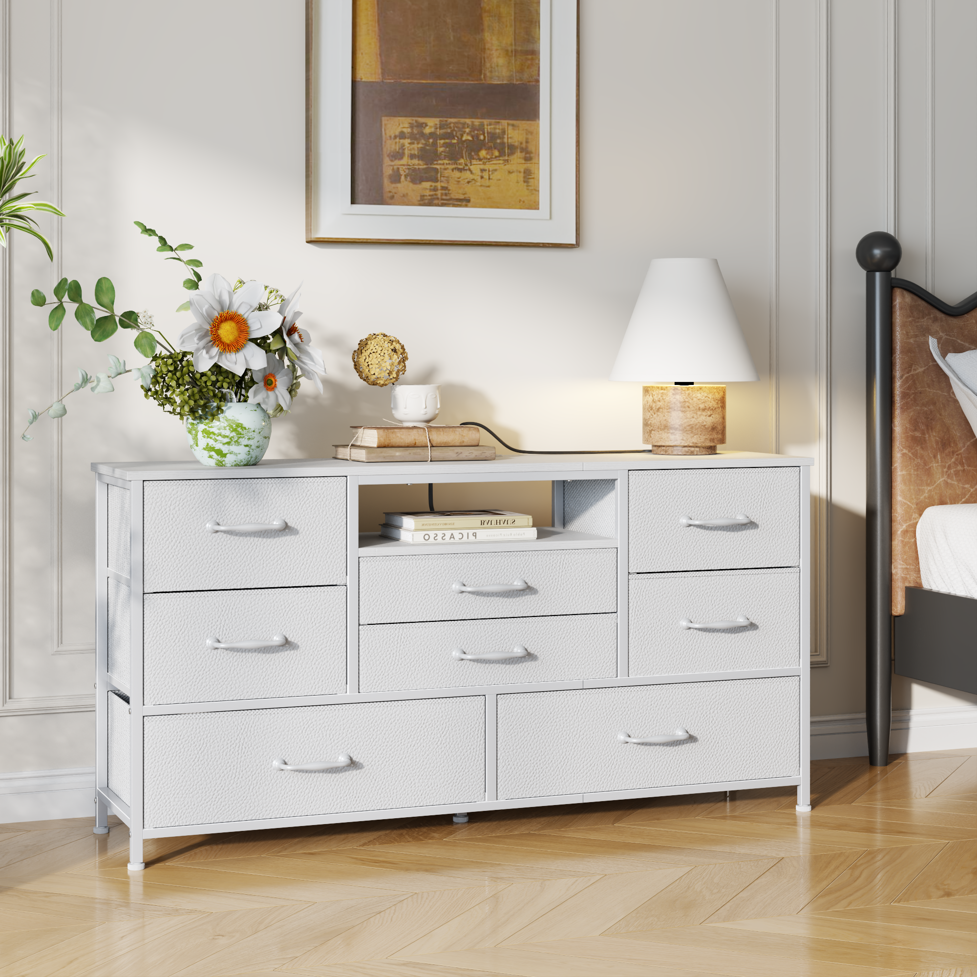 50 inch TV Stand for Bedroom with 8 Drawer Dresser White Fabric Chest of Drawers Charging Station Open Shelves Media Console Storage Organizer Home