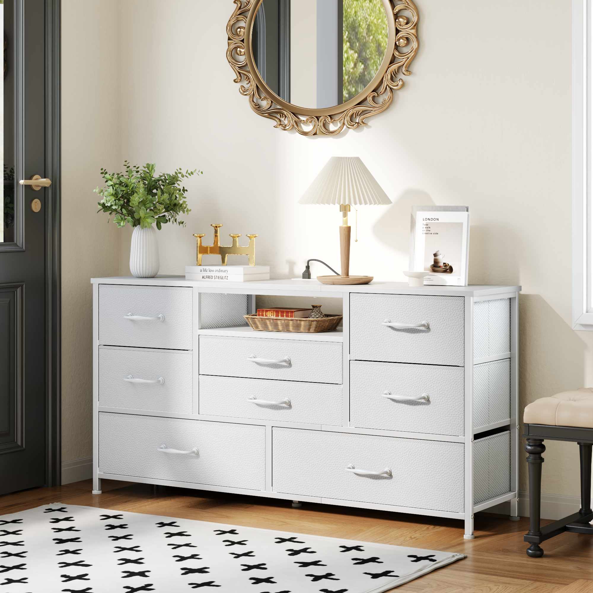 50 inch TV Stand for Bedroom with 8 Drawer Dresser White Fabric Chest of Drawers Charging Station Open Shelves Media Console Storage Organizer Home