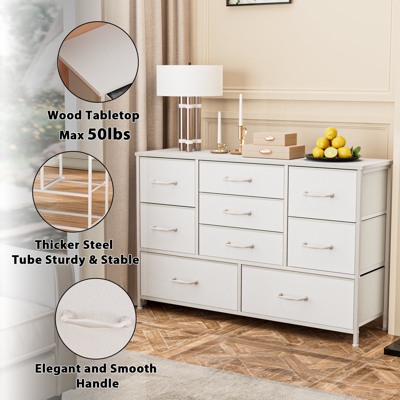 White 9 Drawer Dresser Fabric Storage Chest Wood Top 45 Inch TV Stand for 50 Inch TV Media Console Bedroom Living Room Organizer Unit