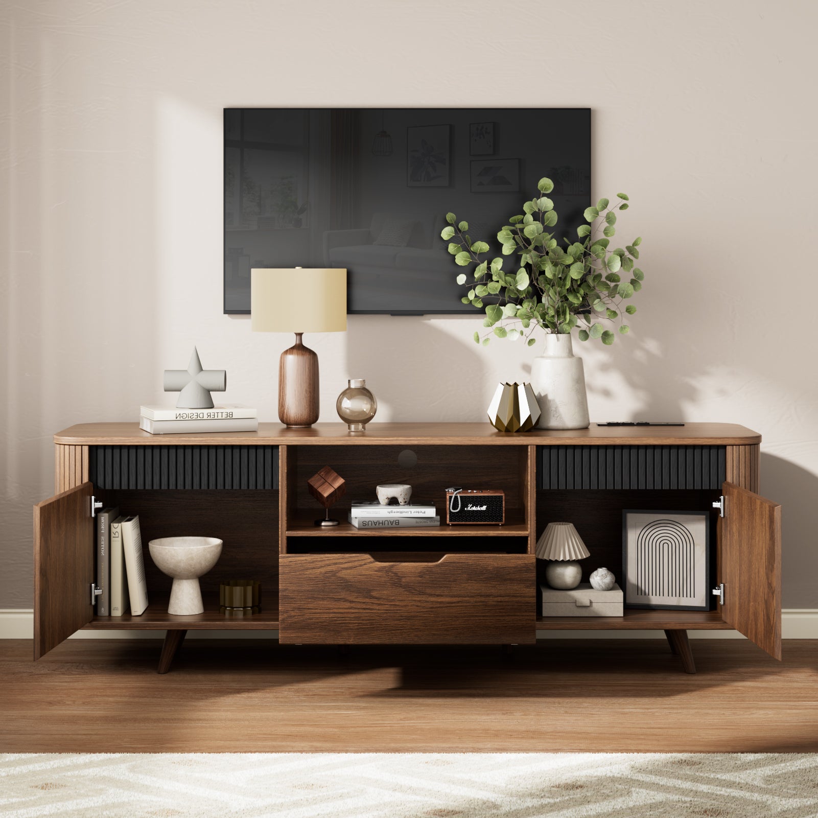 55" TV Stand with Storage for TVs up to 65" With Drawer slides Tambour Media Console With Charging Station Shelves Cable Management Wood Legs walnut