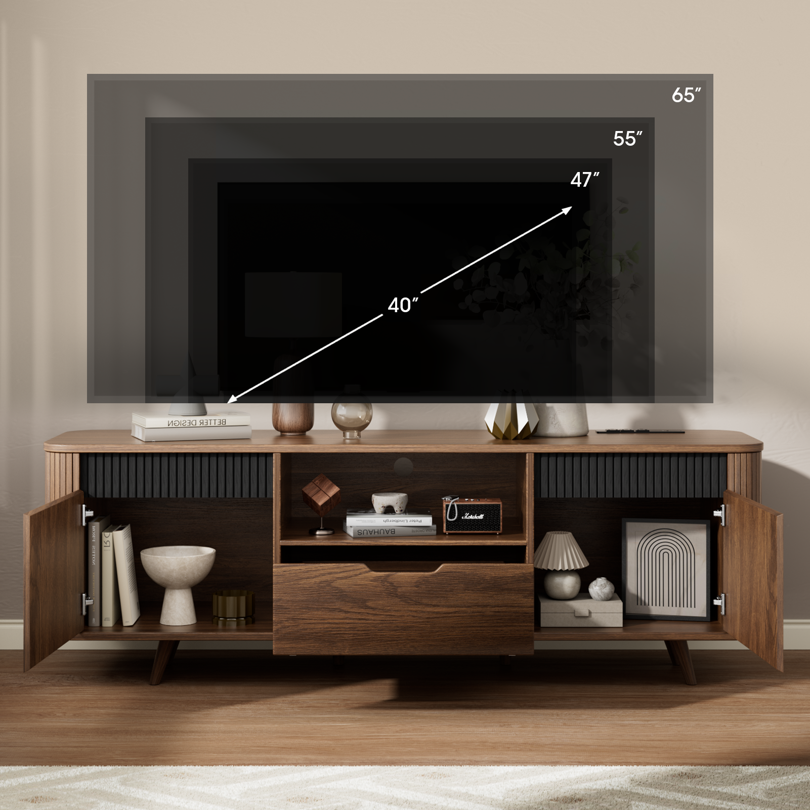 55" TV Stand with Storage for TVs up to 65" With Drawer slides Tambour Media Console With Charging Station Shelves Cable Management Wood Legs walnut