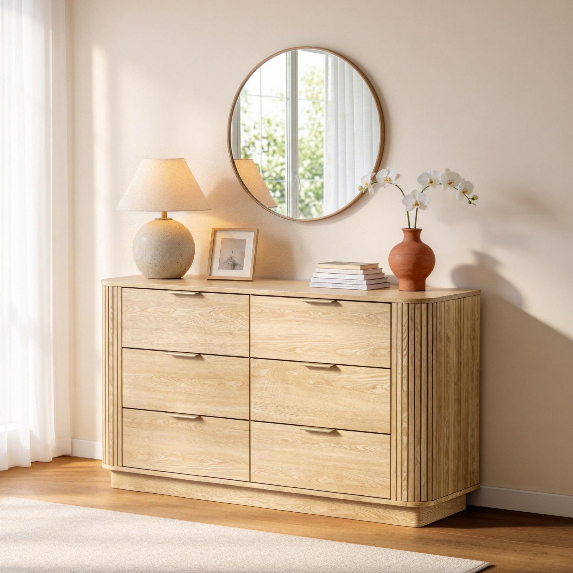 Qwatto 6 Drawer Double Dresser Mid Century Modern Fluted Wood Chest of Drawers Curved Profile Wide Bedroom Storage Organizer Cabinet for Nursery Oak