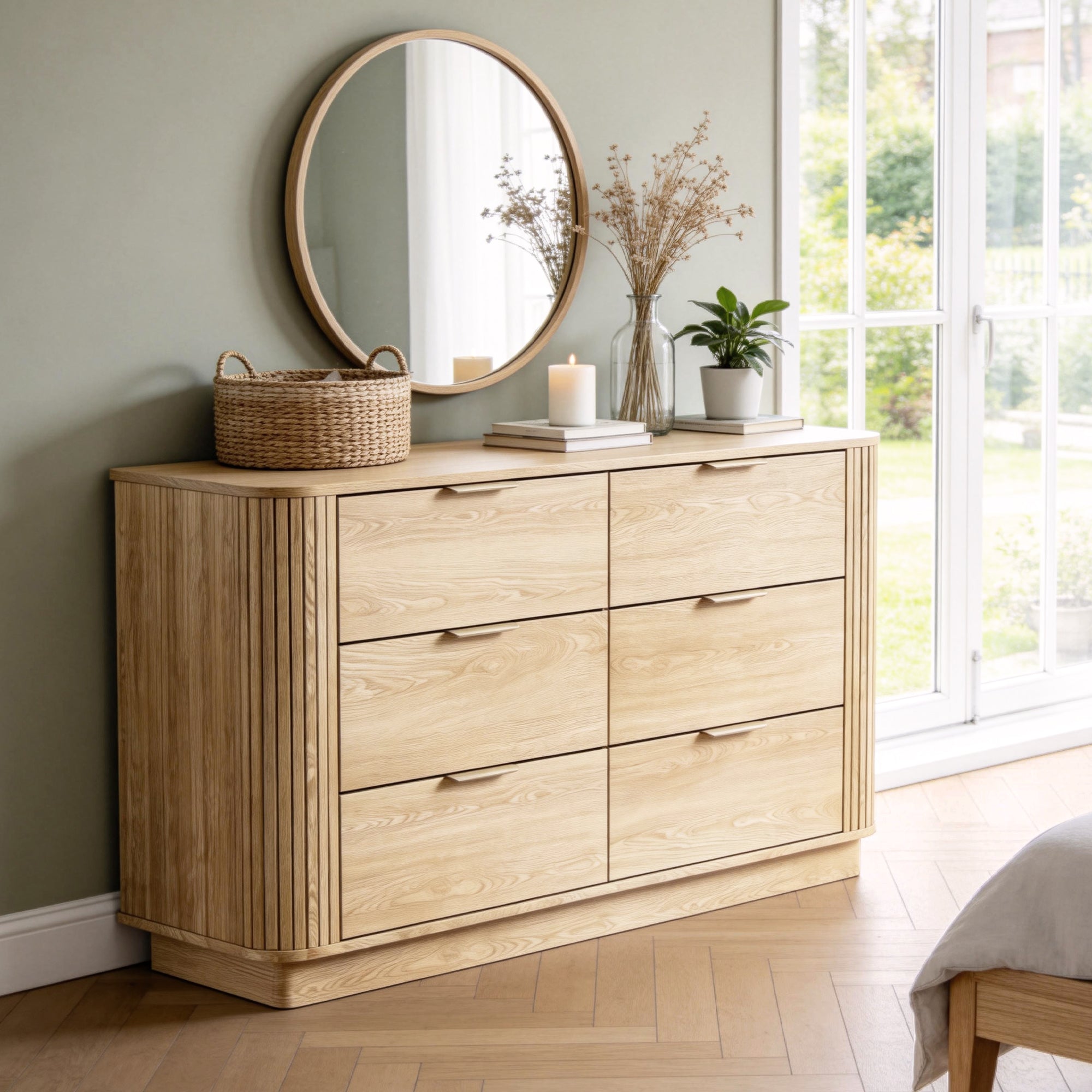 Qwatto 6 Drawer Double Dresser Mid Century Modern Fluted Wood Chest of Drawers Curved Profile Wide Bedroom Storage Organizer Cabinet for Nursery Oak