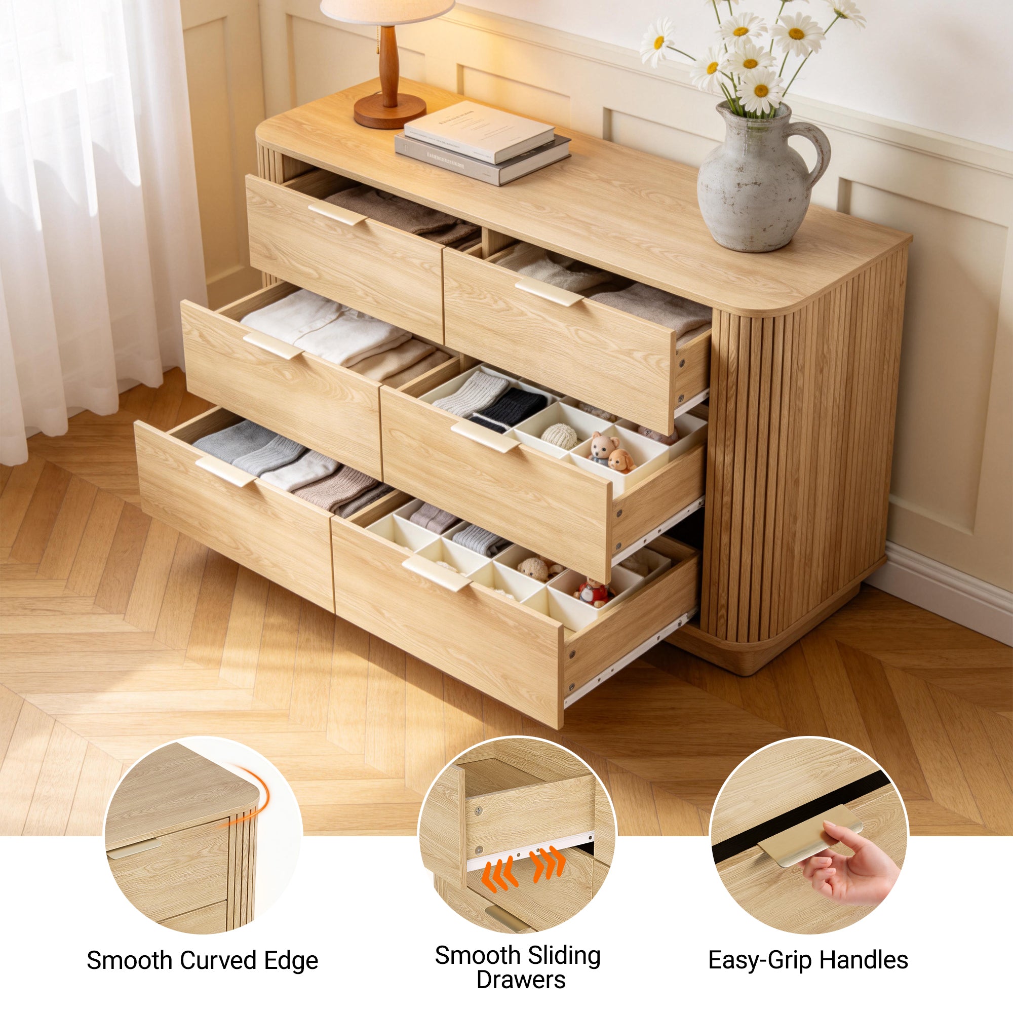 Qwatto 6 Drawer Double Dresser Mid Century Modern Fluted Wood Chest of Drawers Curved Profile Wide Bedroom Storage Organizer Cabinet for Nursery Oak