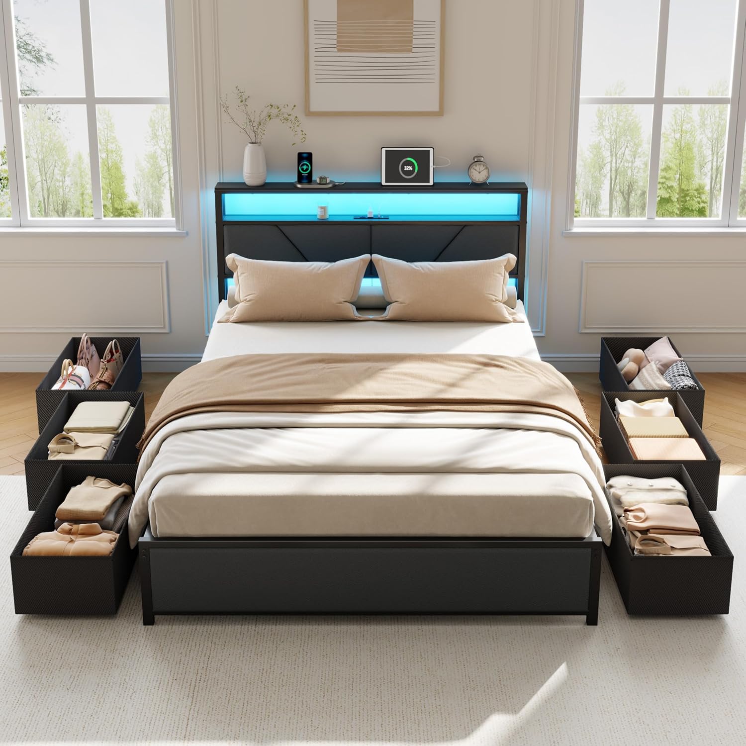 Queen Size Bed Frame with Storage Headboard and 6 Drawers Metal Platform Bed Frame  with Charging Station and LED Lights PU Leather Upholstered