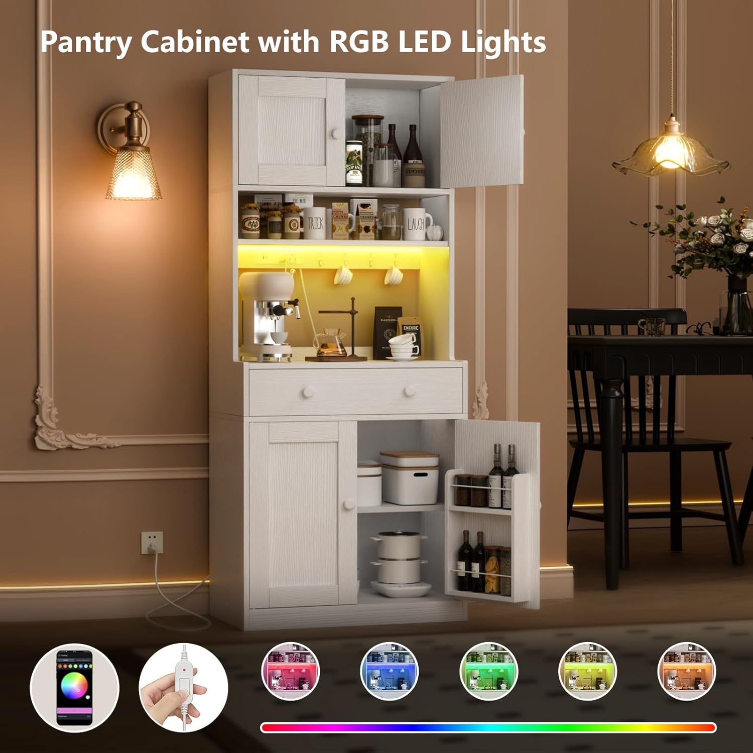 71 Inch Tall White Farmhouse Kitchen Pantry Storage Cabinet Freestanding Microwave Stand with Hutch Doors Drawers for Dining Room Furniture Addition