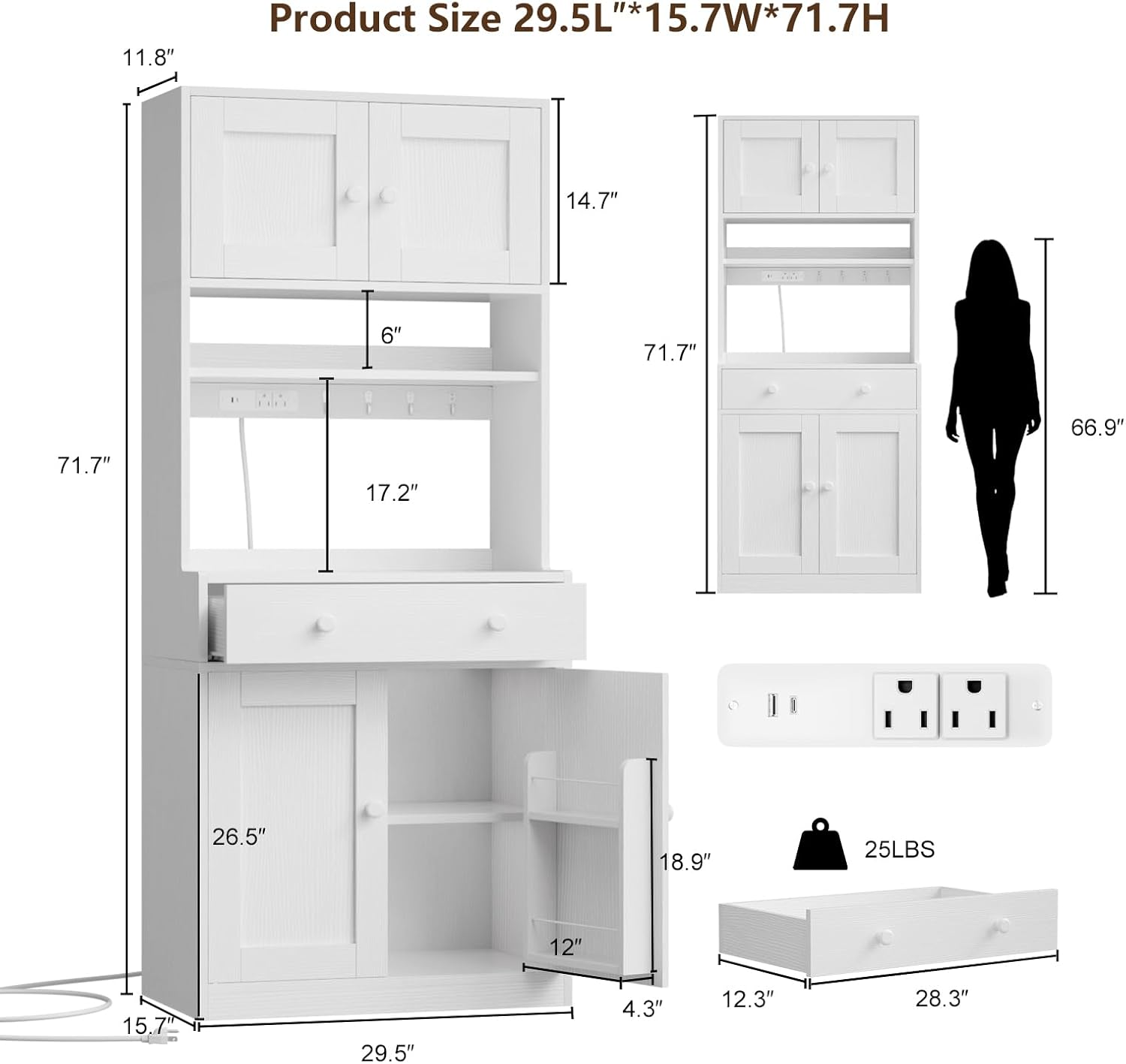 71 Inch Tall White Farmhouse Kitchen Pantry Storage Cabinet Freestanding Microwave Stand with Hutch Doors Drawers for Dining Room Furniture Addition