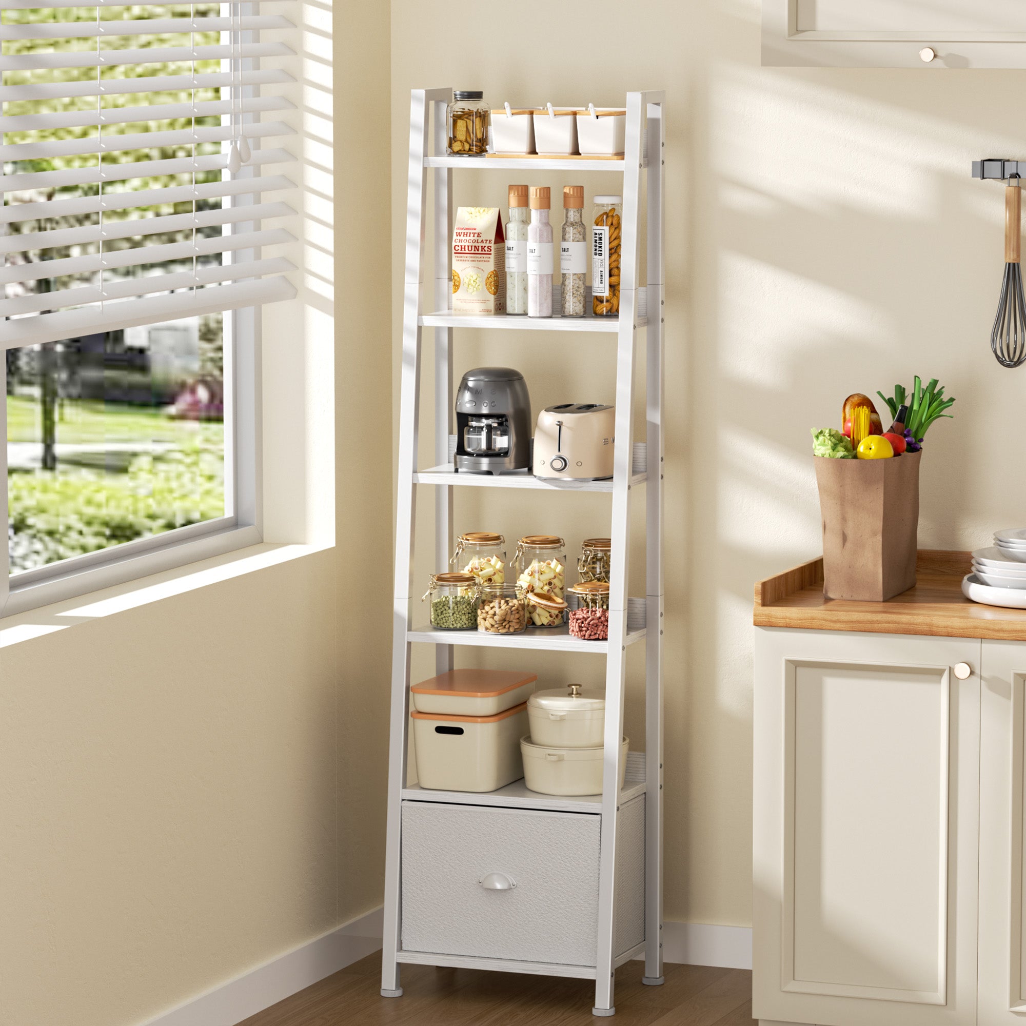 Qwatto White 6 Tier Ladder Bookshelf with Drawer Tall Industrial Wood Metal Freestanding Storage Rack Etagere Display Bookcase for Home Office Rooms