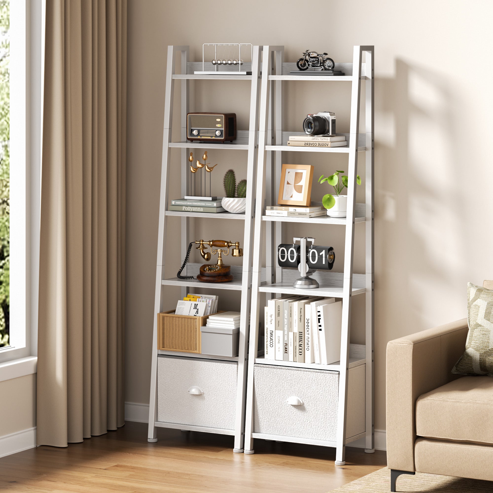 Qwatto White 6 Tier Ladder Bookshelf with Drawer Tall Industrial Wood Metal Freestanding Storage Rack Etagere Display Bookcase for Home Office Rooms