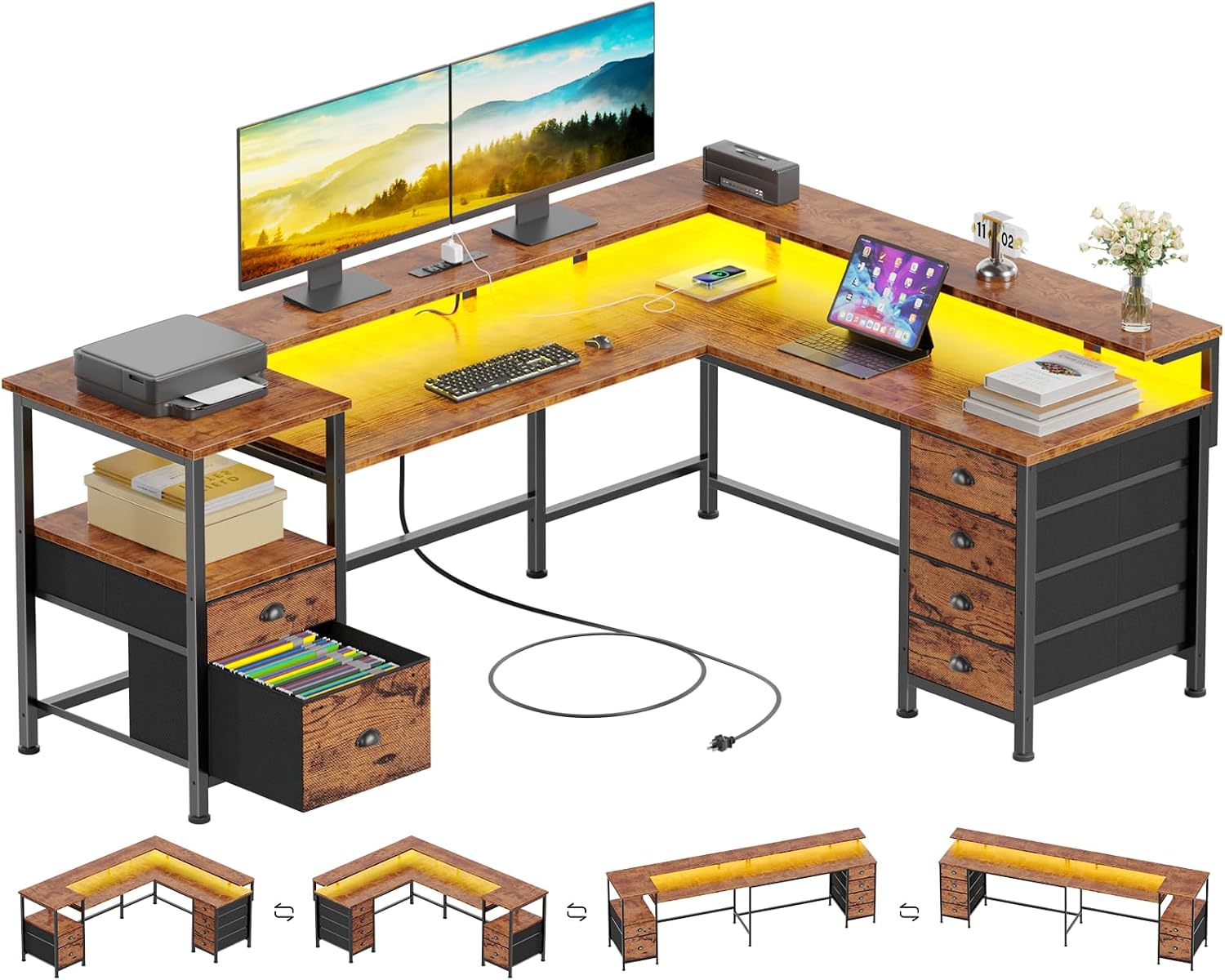 Qwatto 66" Reversible L Shaped Gaming Desk 6 Drawers Corner Computer Desk Charging Station LED Lights Printer Shelf Monitor Stands Rustic Brown
