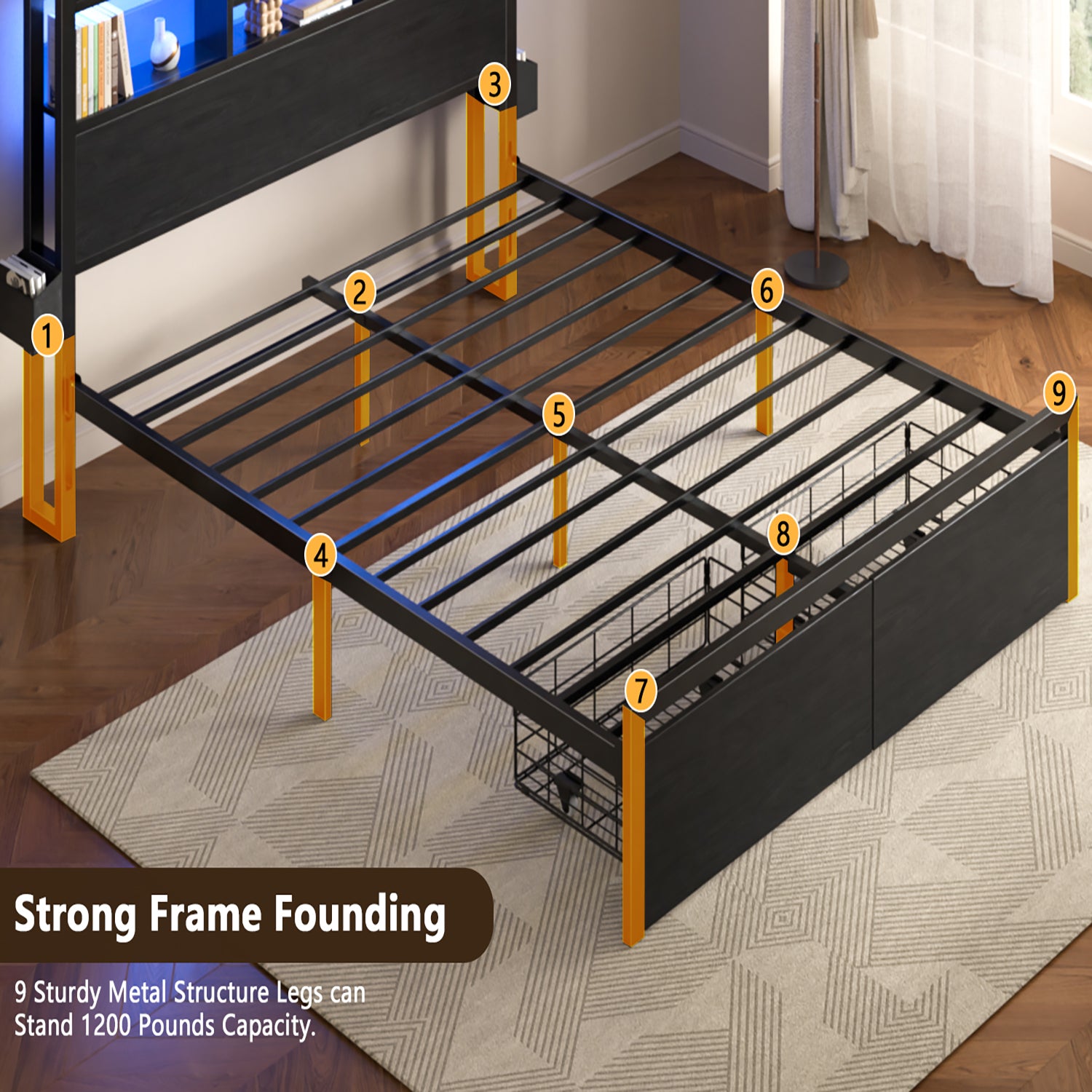 Furnulem Queen Size Bed Frame with Wooden Headboard and Shelves  Metal Platform Bed Frame with Storage Drawers LED Lights and Charging Station Black