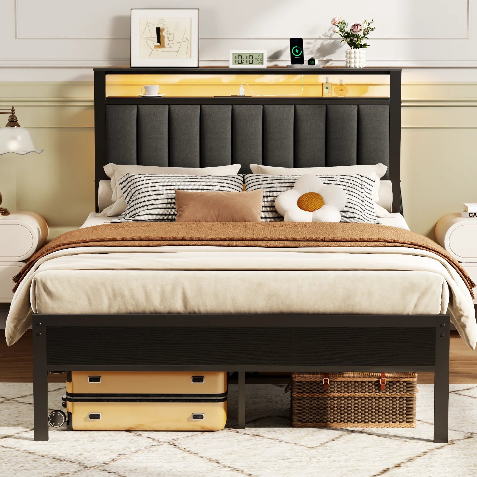 Furnulem Full and Queen Size Bed Frame with Charging Station and LED Lights, Platform Bed with Metal Slats, Grey Upholstered Headboard with 2-Tier Storage Shelves, No Box Spring Needed