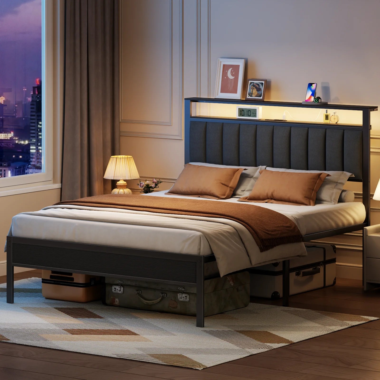 Furnulem Full and Queen Size Bed Frame with Charging Station and LED Lights, Platform Bed with Metal Slats, Grey Upholstered Headboard with 2-Tier Storage Shelves, No Box Spring Needed