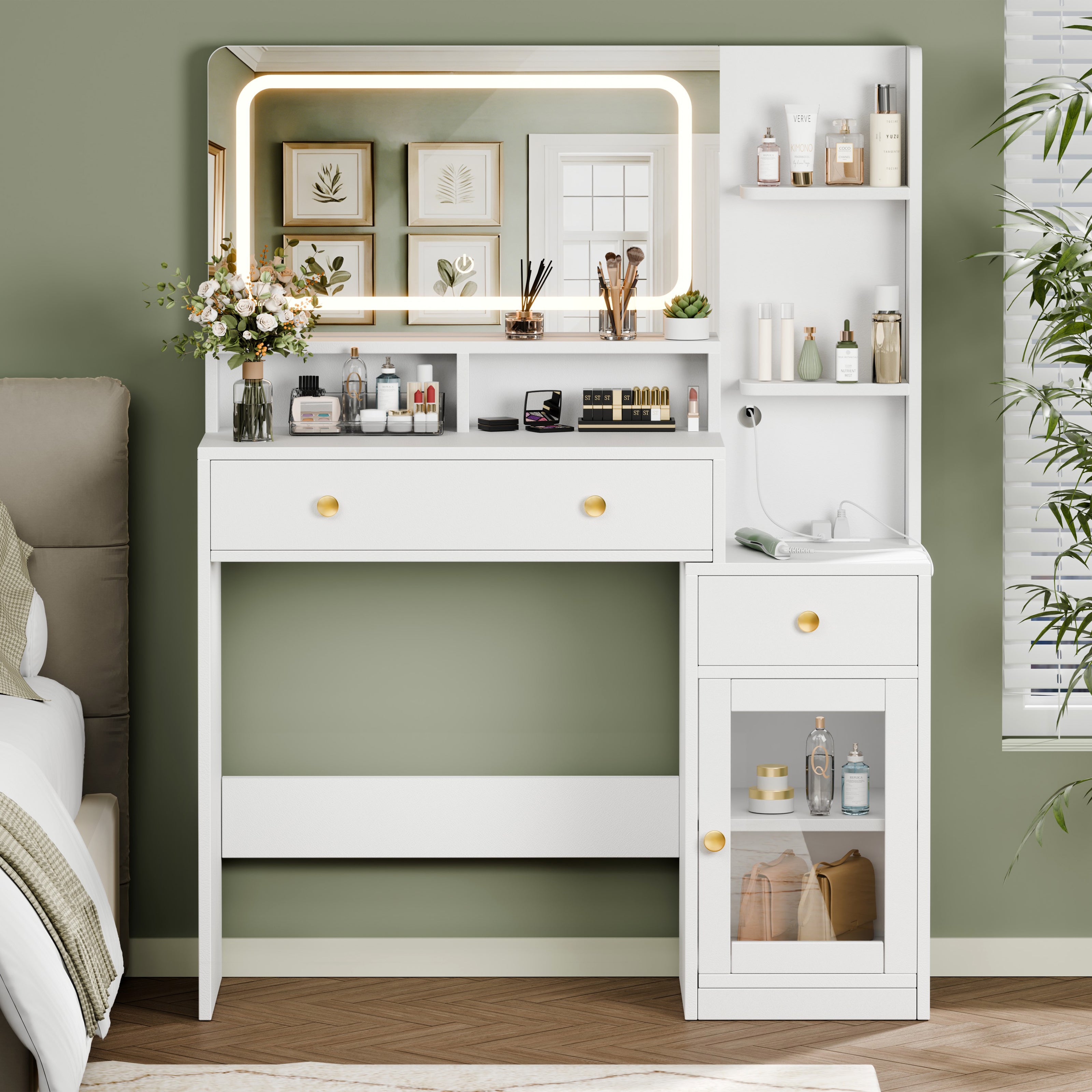 Modern White Makeup Vanity Desk with LED Lighted Mirror Charging Station 2 Outlets USB Type C 2 Drawers 3 Shelves Acrylic Cabinet Bedroom Vanity Set