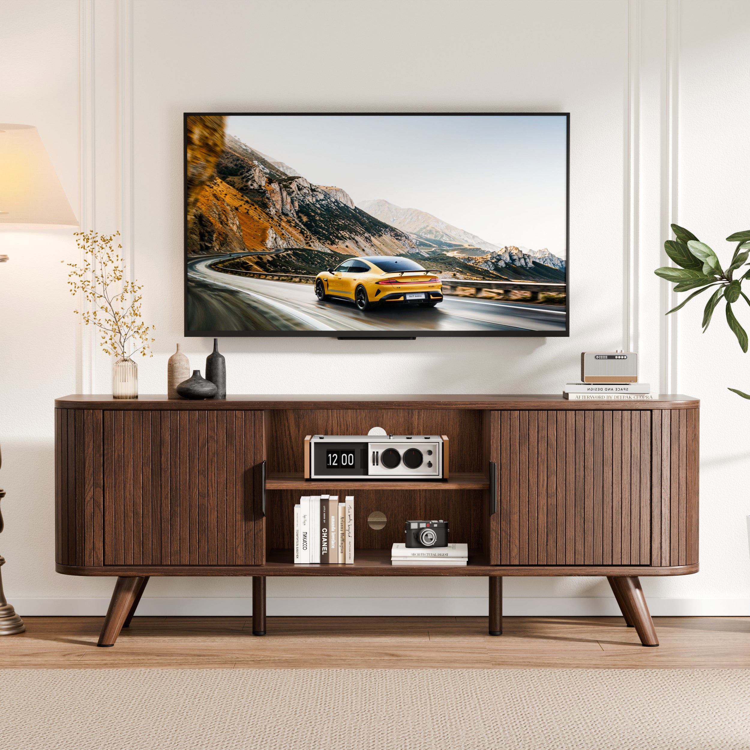 Curved Edge TV Stand Walnut Finish Media Console for 65 Inch TV Modern Fluted Door Credenza with Storage Mid Century Living Room Furniture